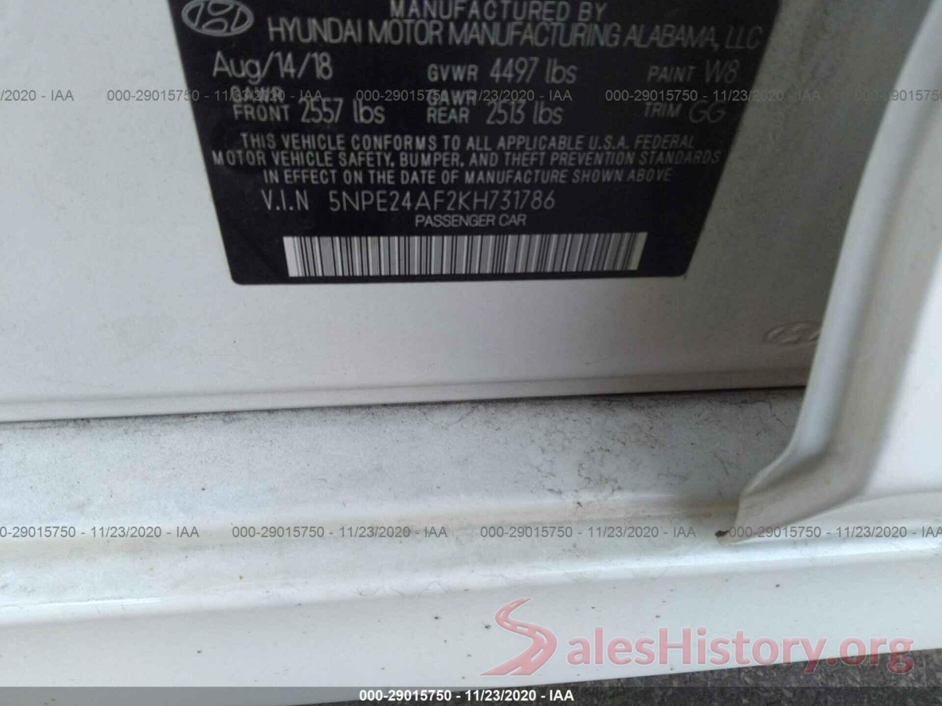 5NPE24AF2KH731786 2019 HYUNDAI SONATA