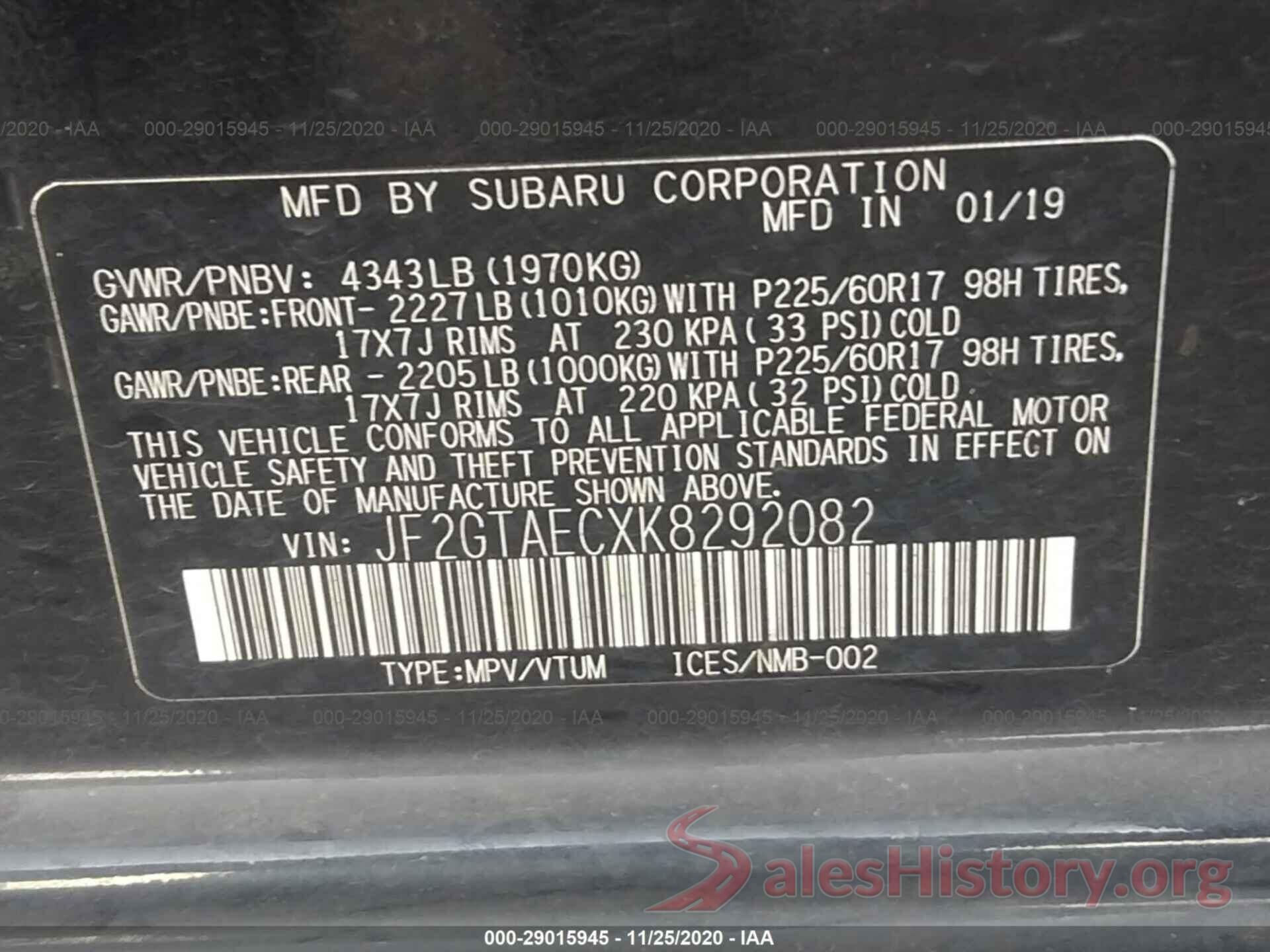 JF2GTAECXK8292082 2019 SUBARU CROSSTREK