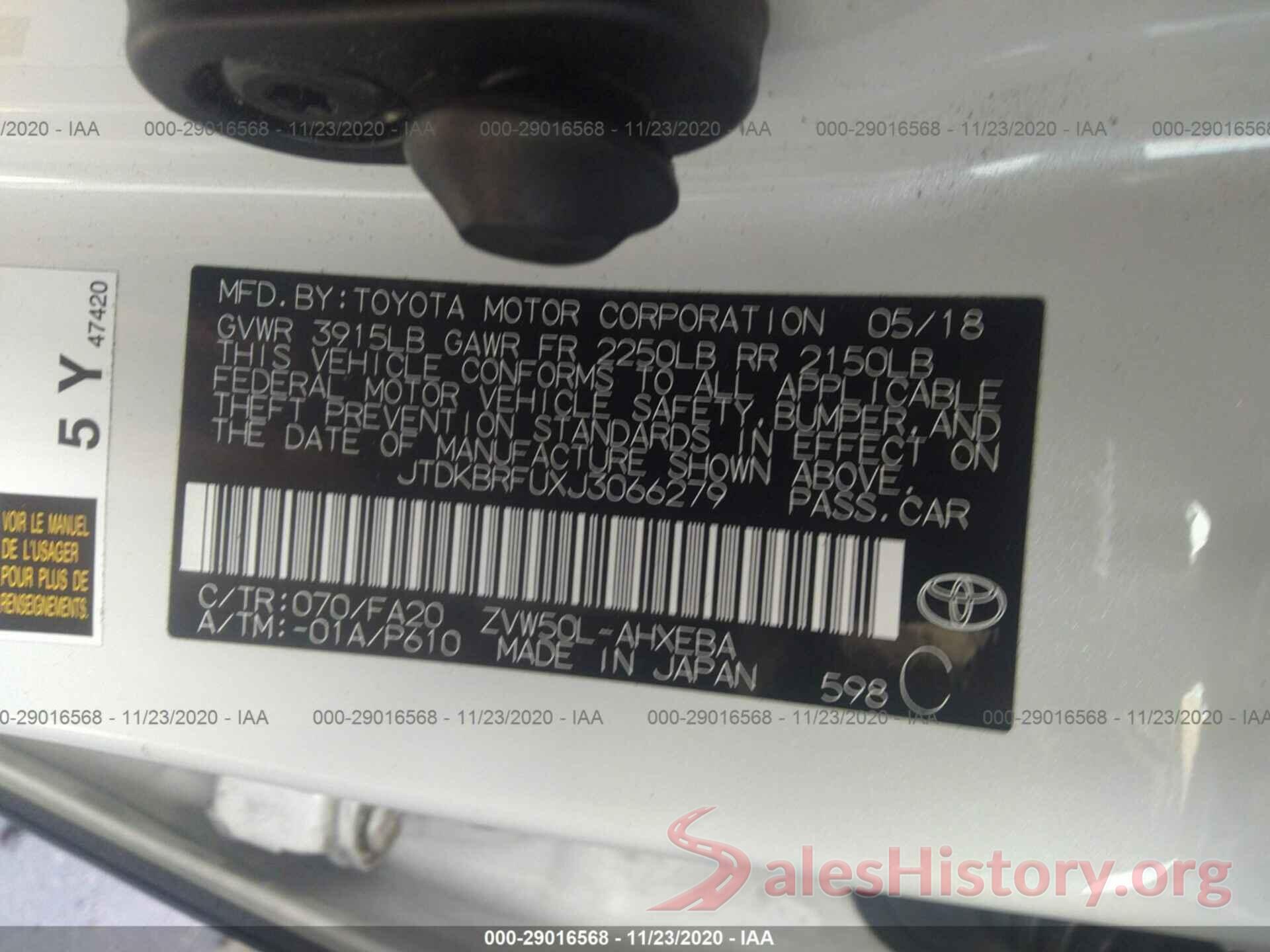 JTDKBRFUXJ3066279 2018 TOYOTA PRIUS