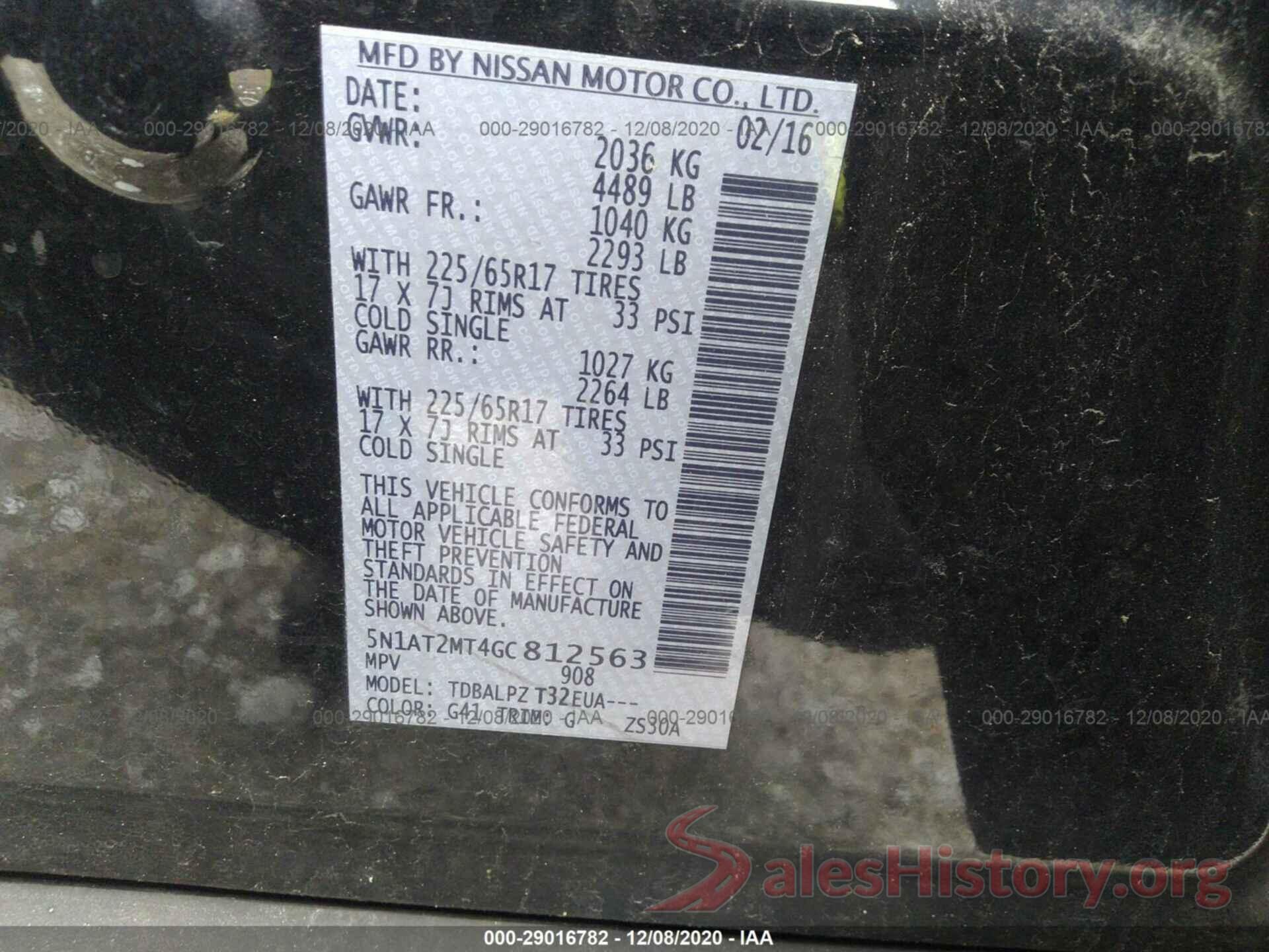 5N1AT2MT4GC812563 2016 NISSAN ROGUE