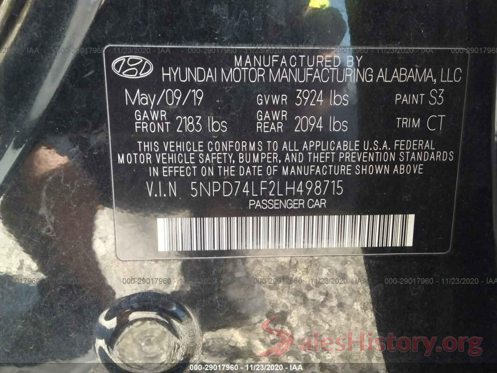 5NPD74LF2LH498715 2020 HYUNDAI ELANTRA