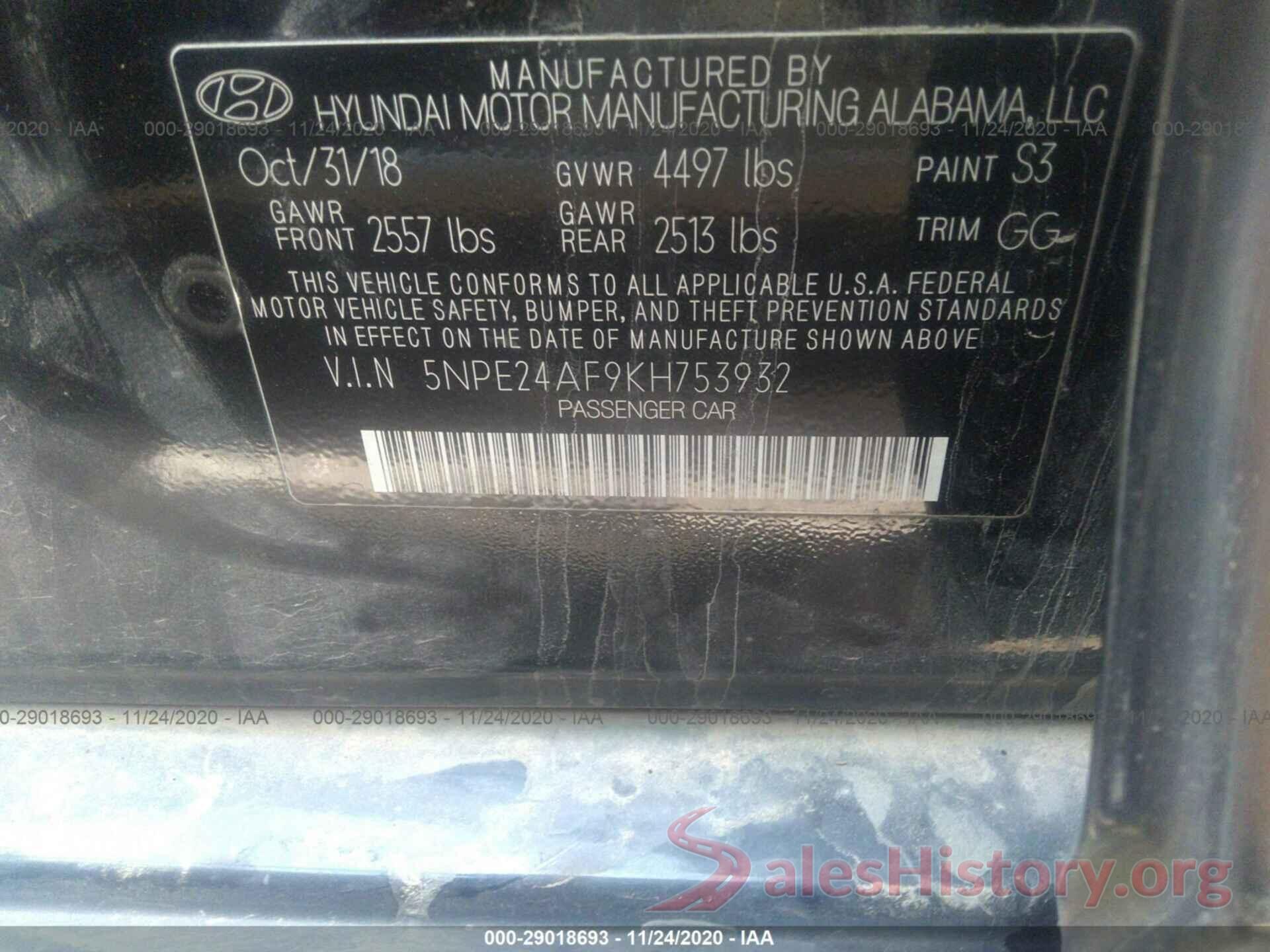 5NPE24AF9KH753932 2019 HYUNDAI SONATA