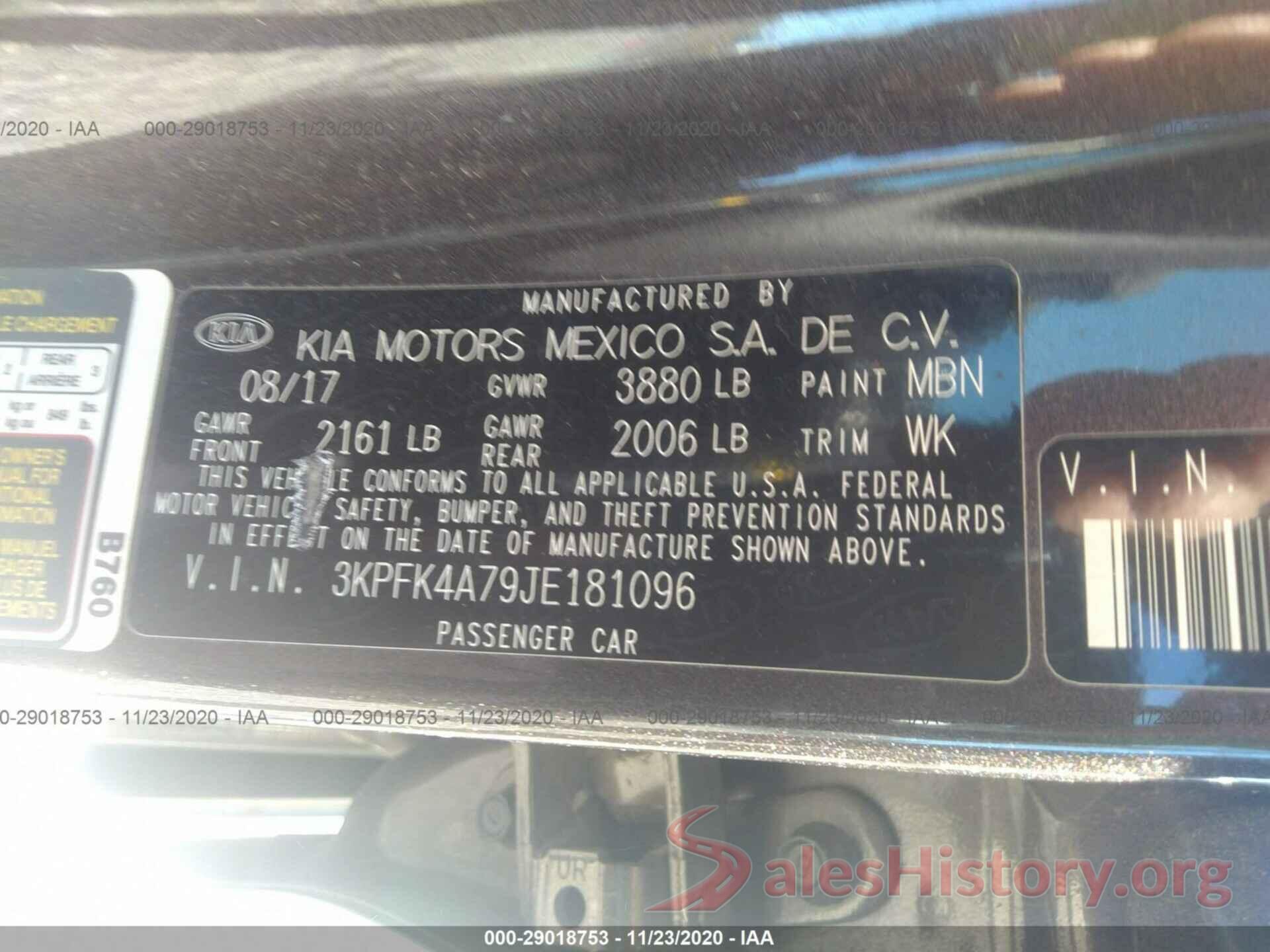 3KPFK4A79JE181096 2018 KIA FORTE