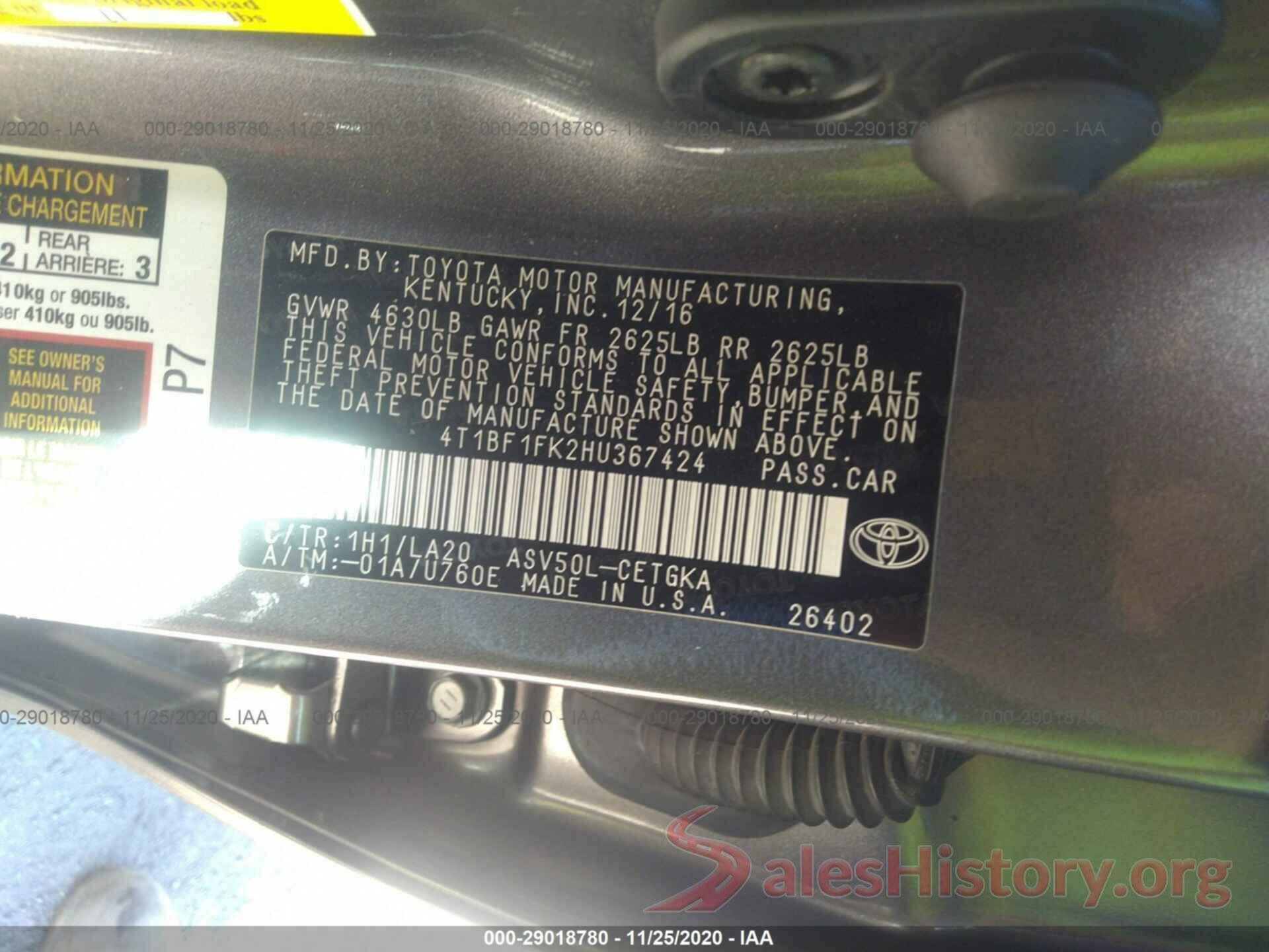 4T1BF1FK2HU367424 2017 TOYOTA CAMRY