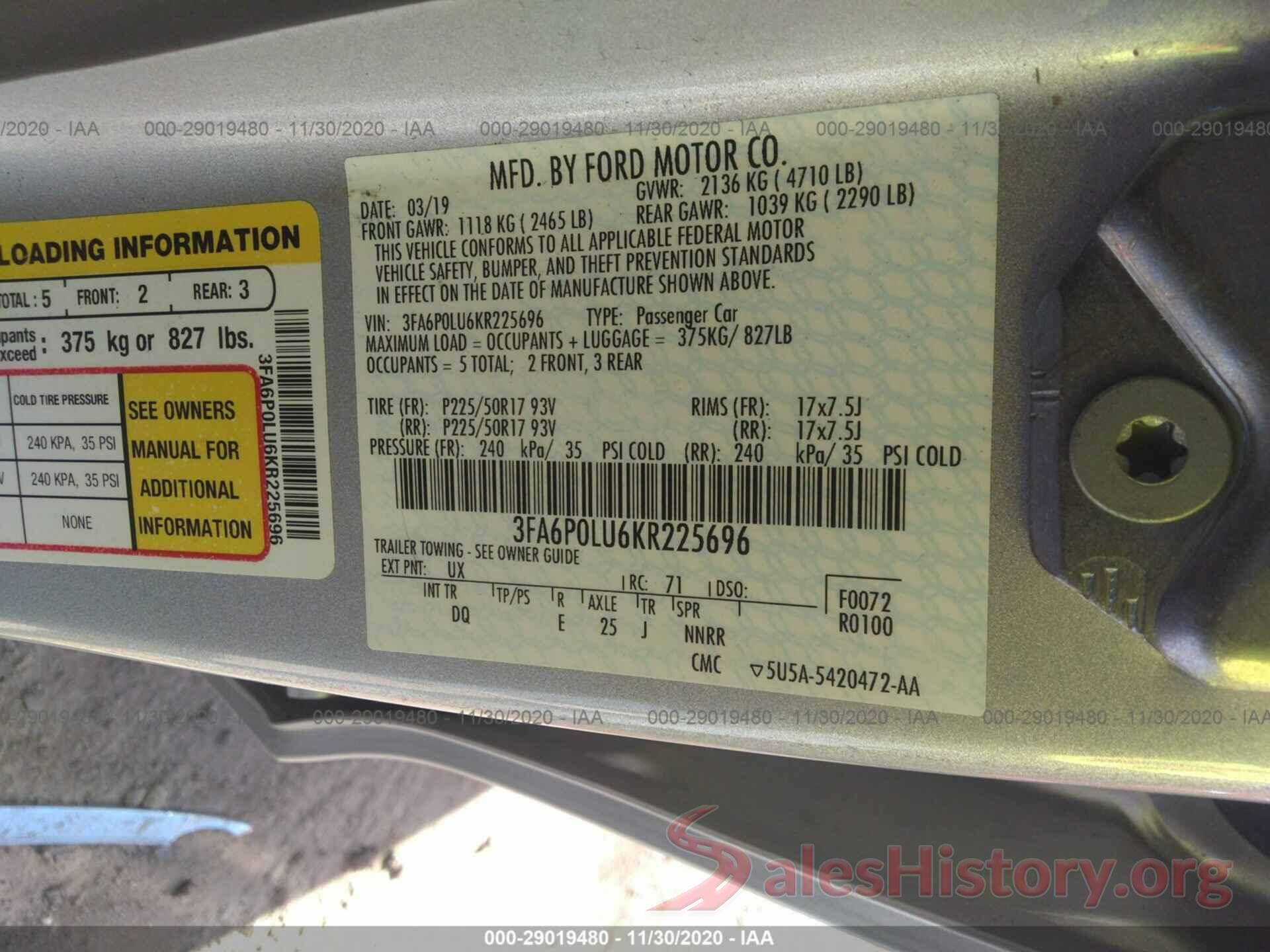 3FA6P0LU6KR225696 2019 FORD FUSION HYBRID