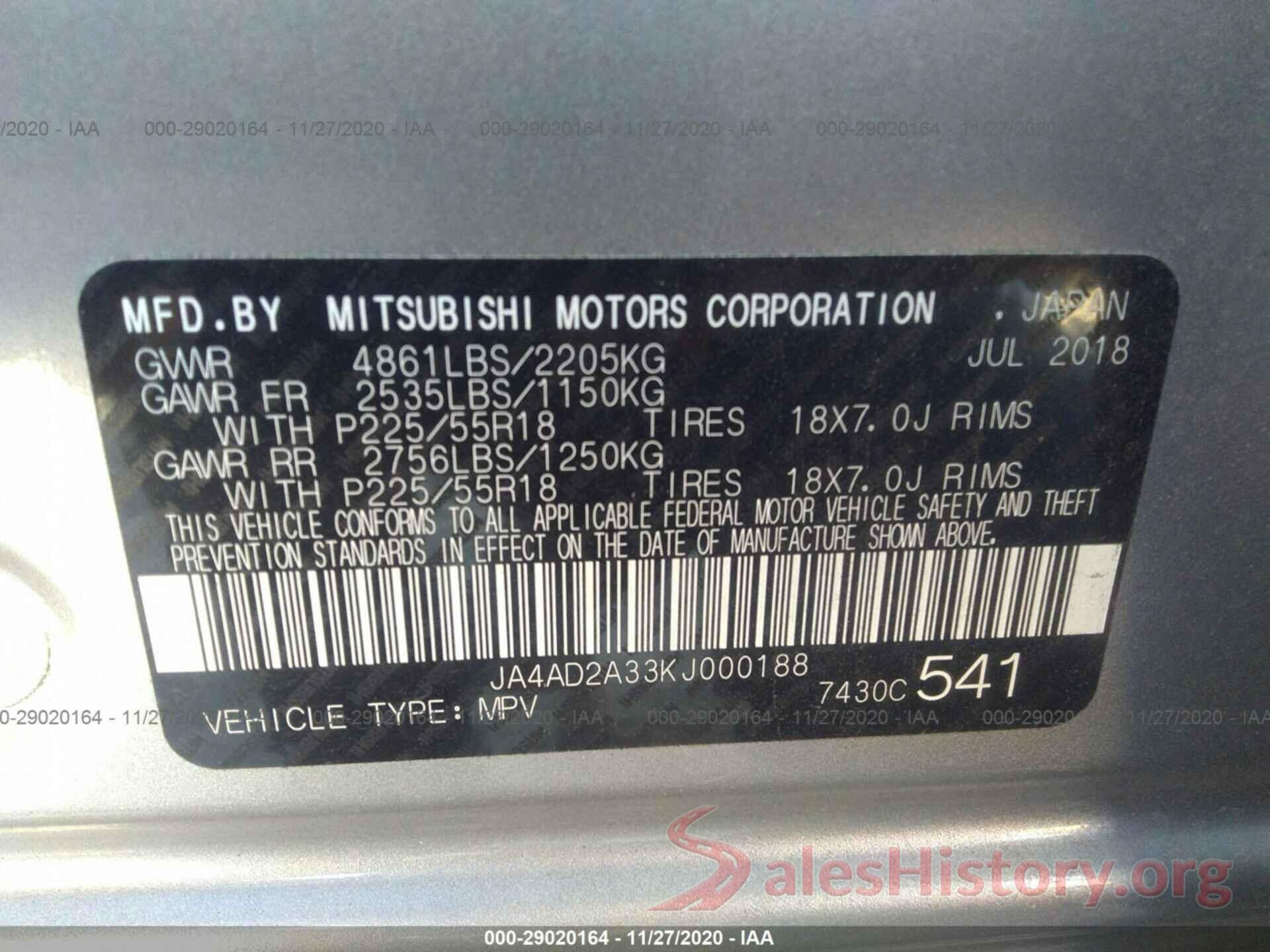 JA4AD2A33KJ000188 2019 MITSUBISHI OUTLANDER