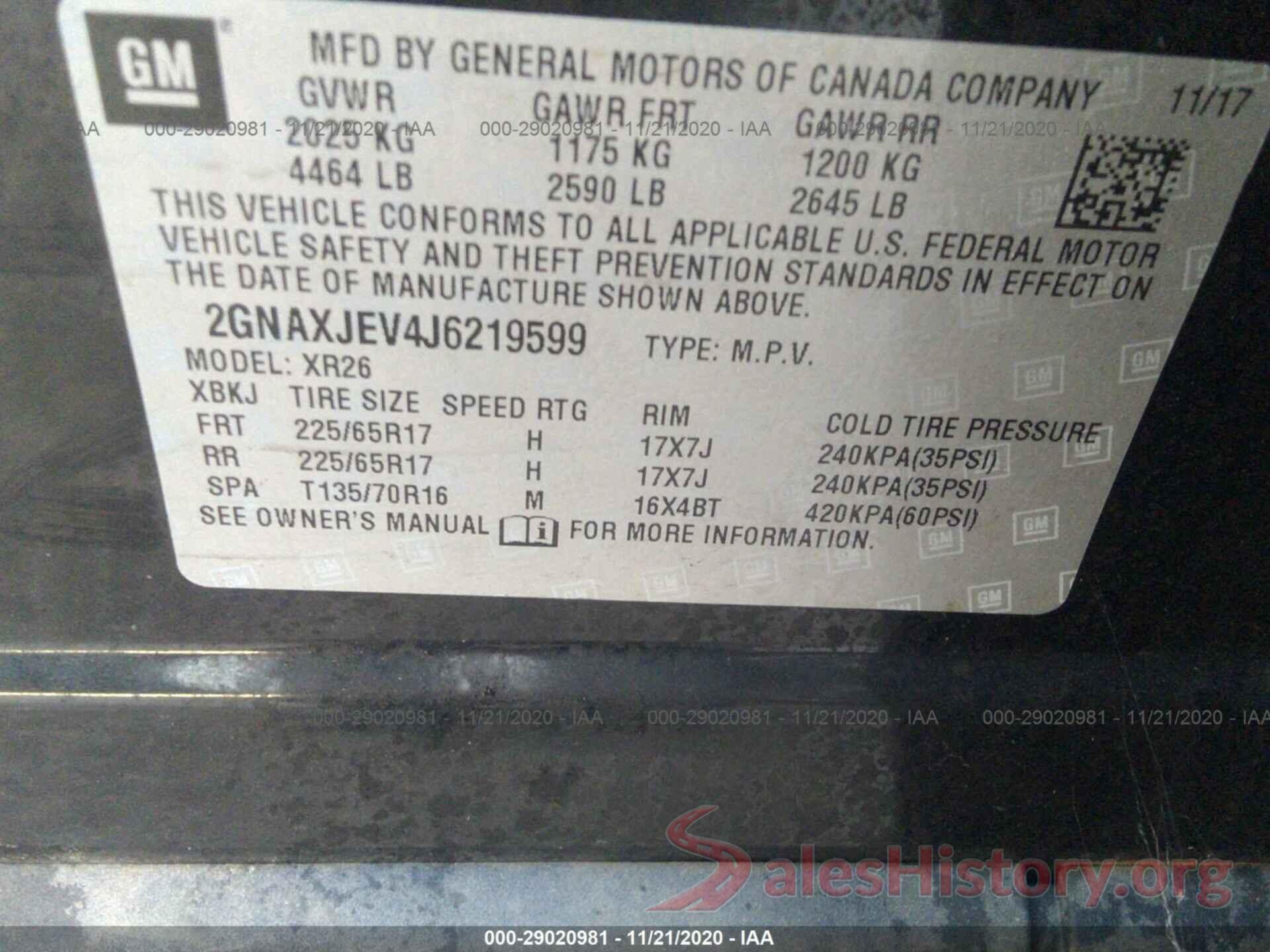 2GNAXJEV4J6219599 2018 CHEVROLET EQUINOX