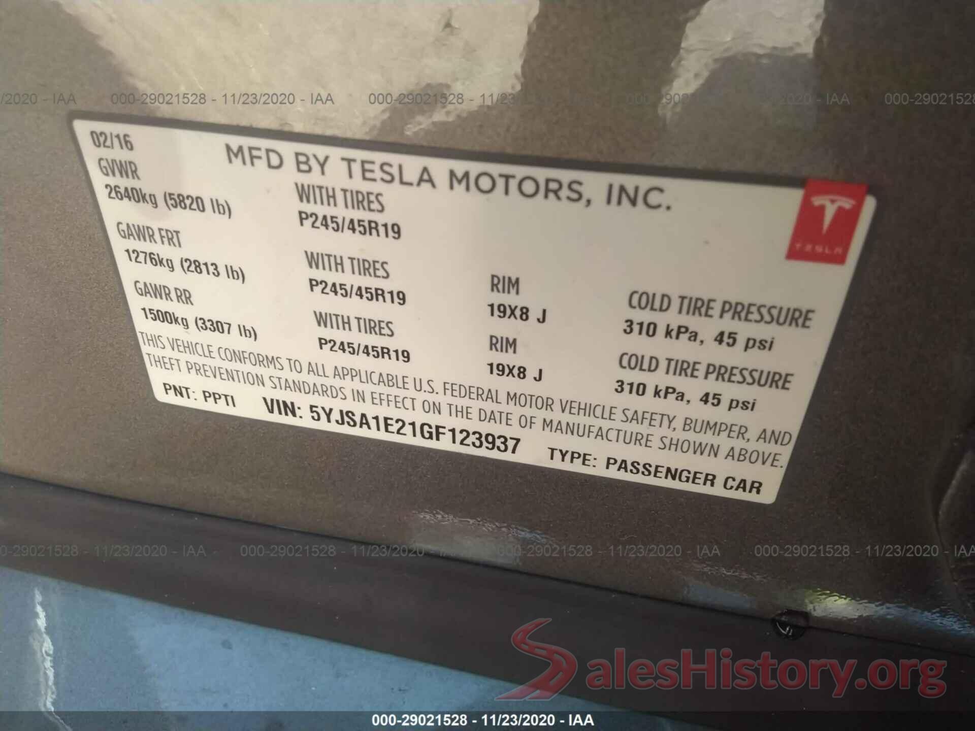 5YJSA1E21GF123937 2016 TESLA MODEL S