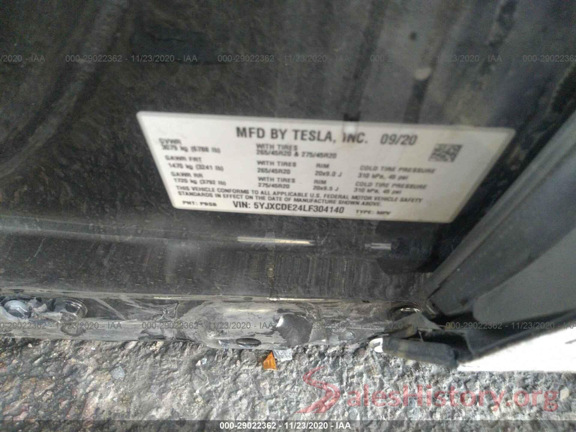 5YJXCDE24LF304140 2020 TESLA MODEL X