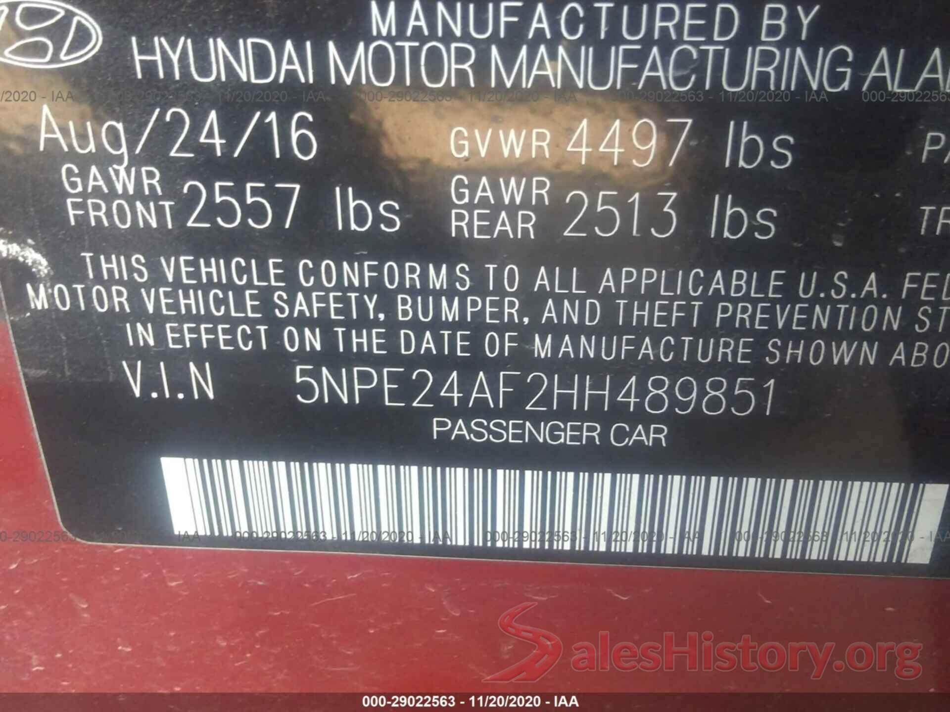 5NPE24AF2HH489851 2017 HYUNDAI SONATA