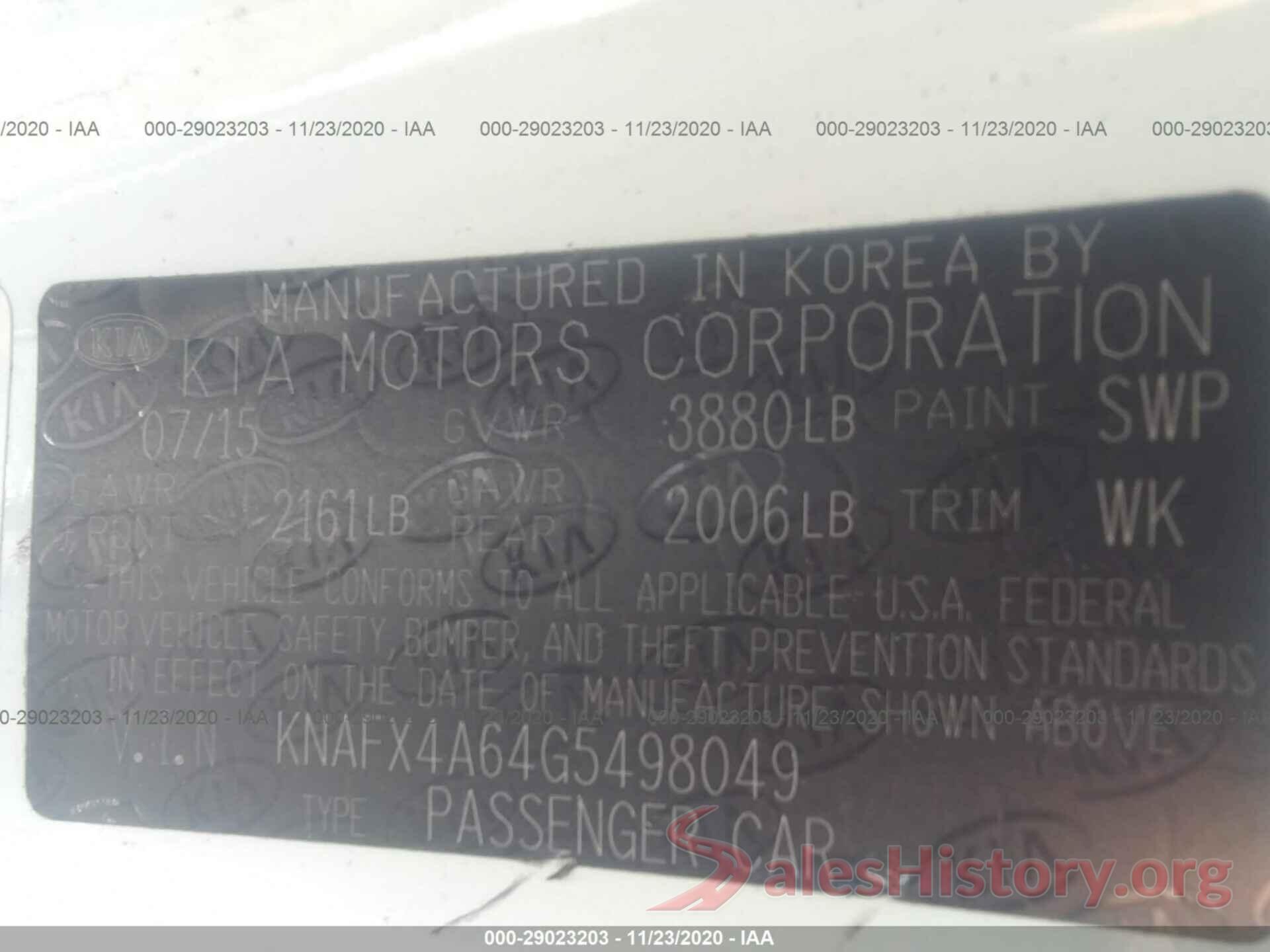 KNAFX4A64G5498049 2016 KIA FORTE