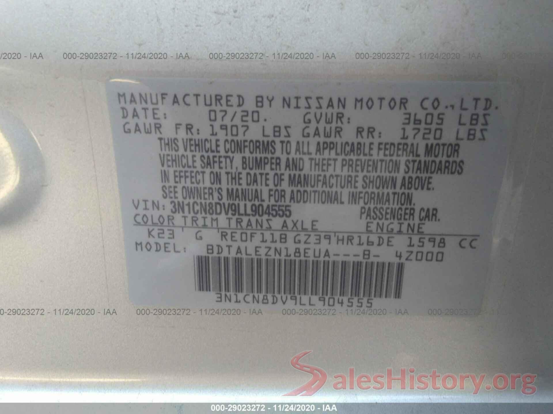 3N1CN8DV9LL904555 2020 NISSAN VERSA