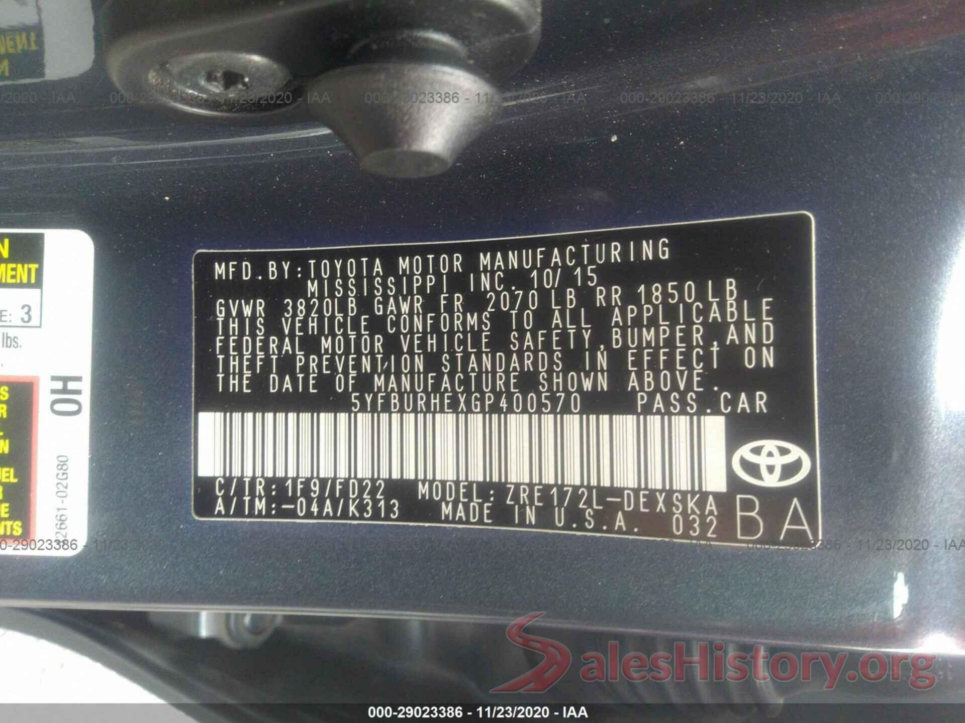 5YFBURHEXGP400570 2016 TOYOTA COROLLA