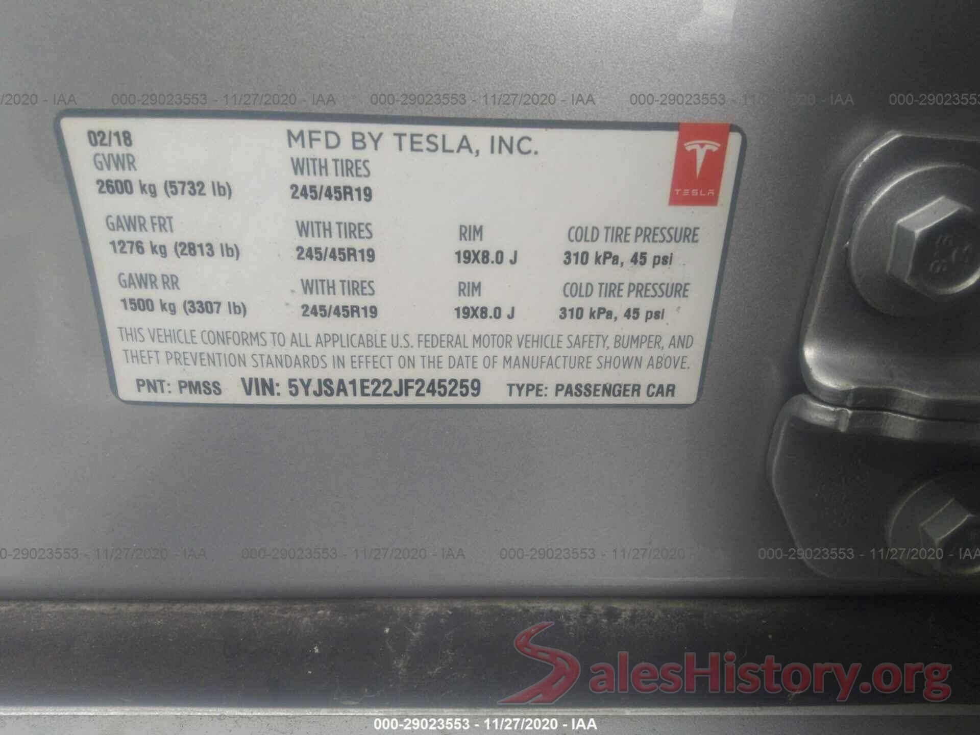 5YJSA1E22JF245259 2018 TESLA MODEL S