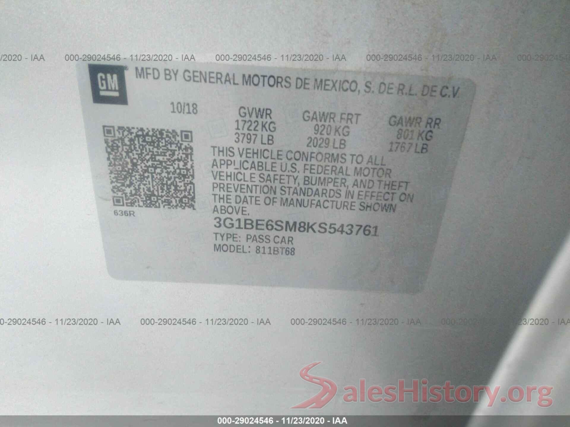 3G1BE6SM8KS543761 2019 CHEVROLET CRUZE