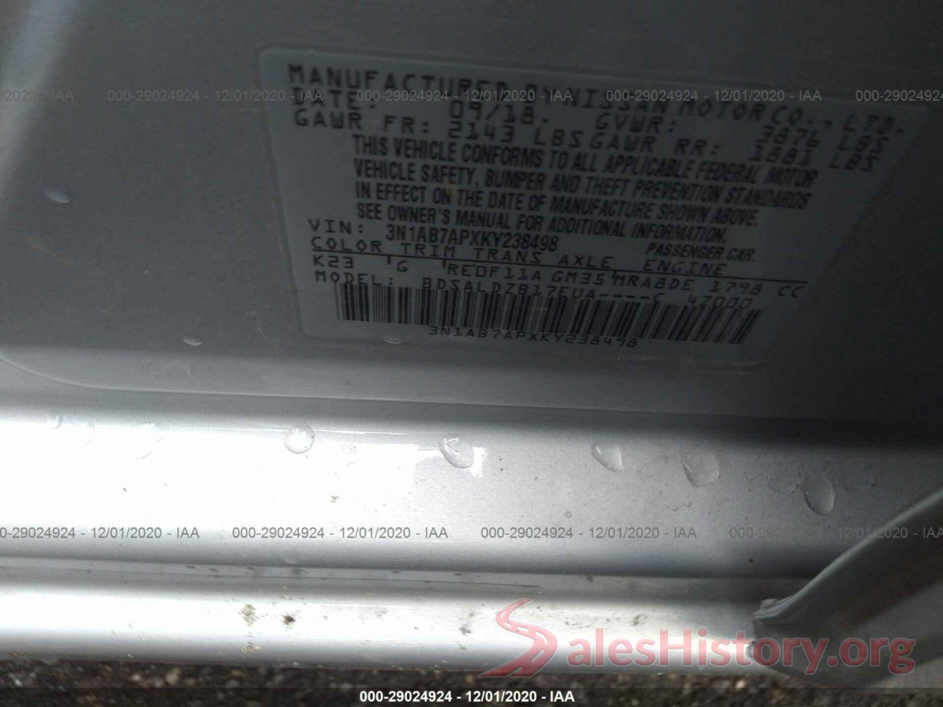 3N1AB7APXKY238498 2019 NISSAN SENTRA