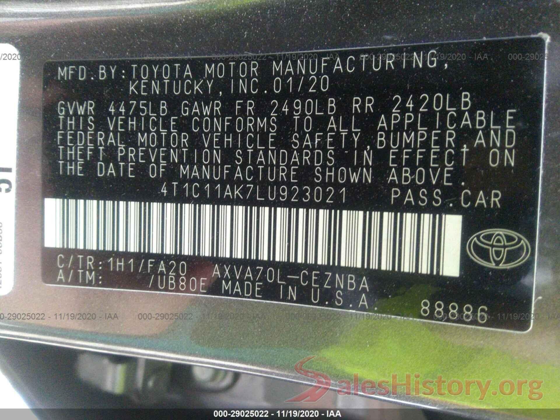 4T1C11AK7LU923021 2020 TOYOTA CAMRY