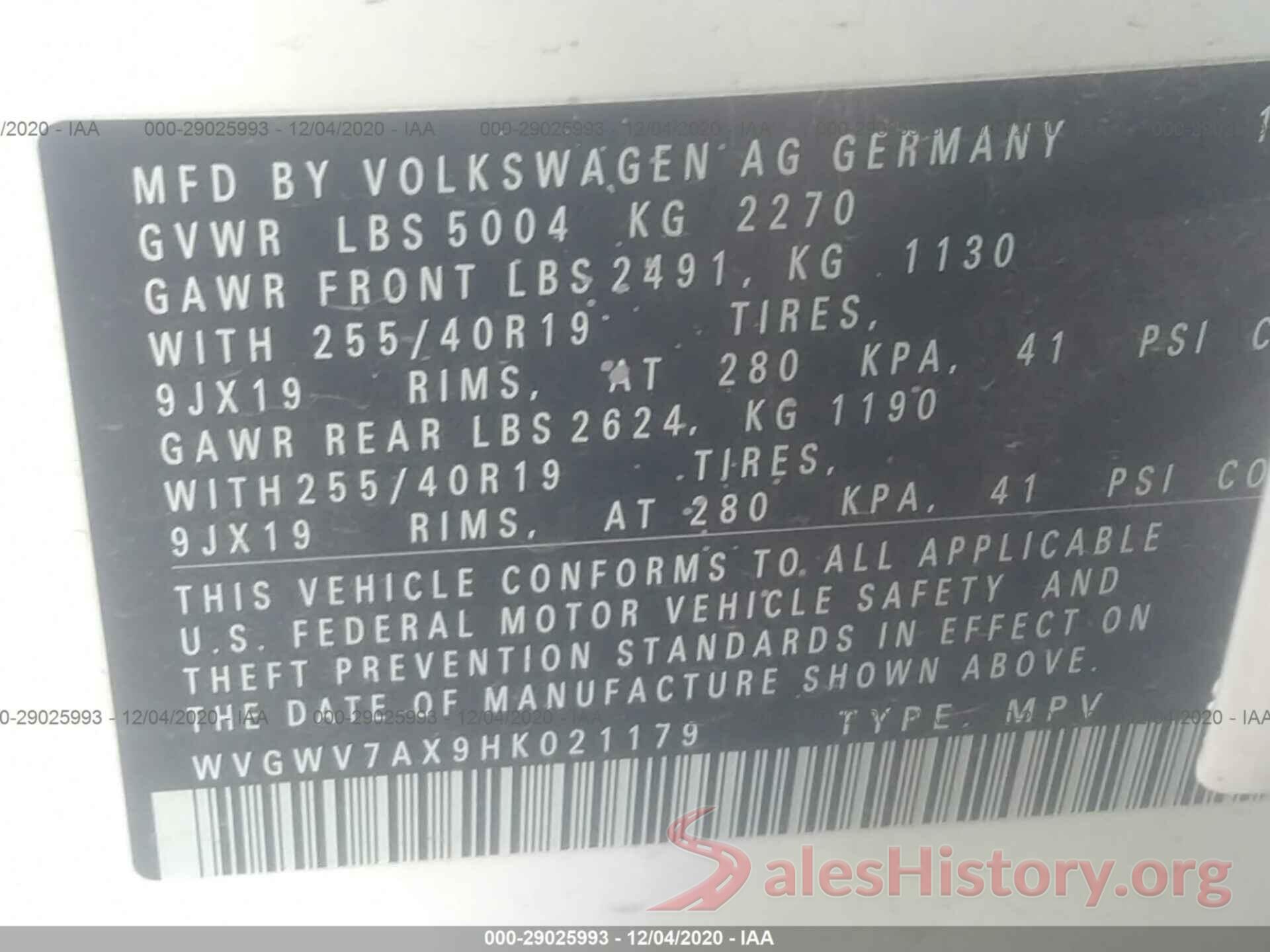 WVGWV7AX9HK021179 2017 VOLKSWAGEN TIGUAN