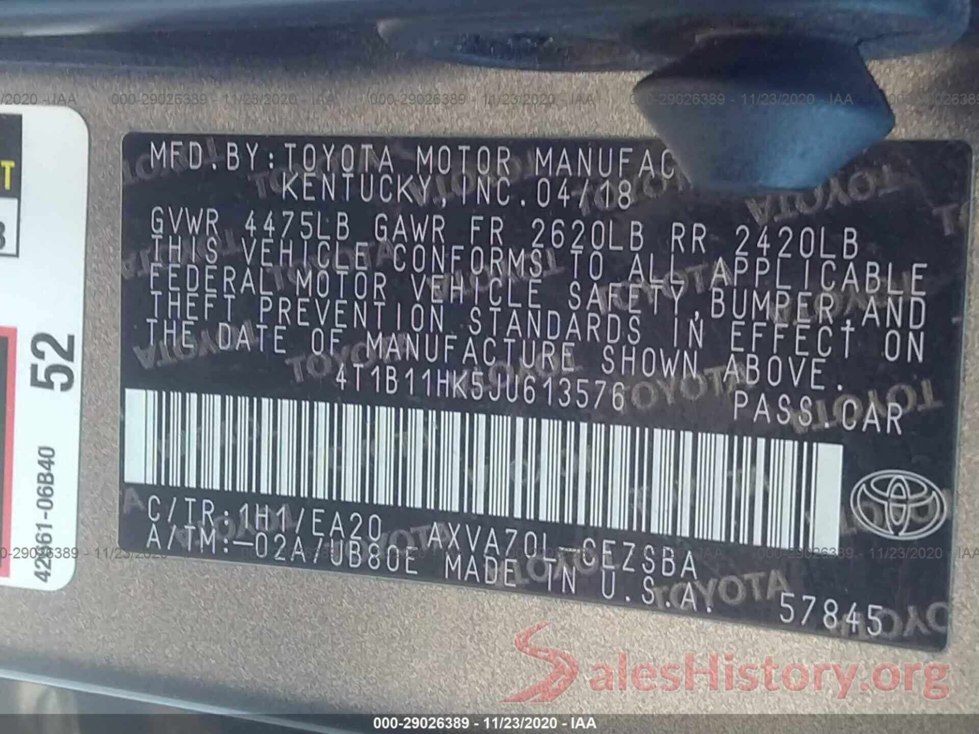 4T1B11HK5JU613576 2018 TOYOTA CAMRY