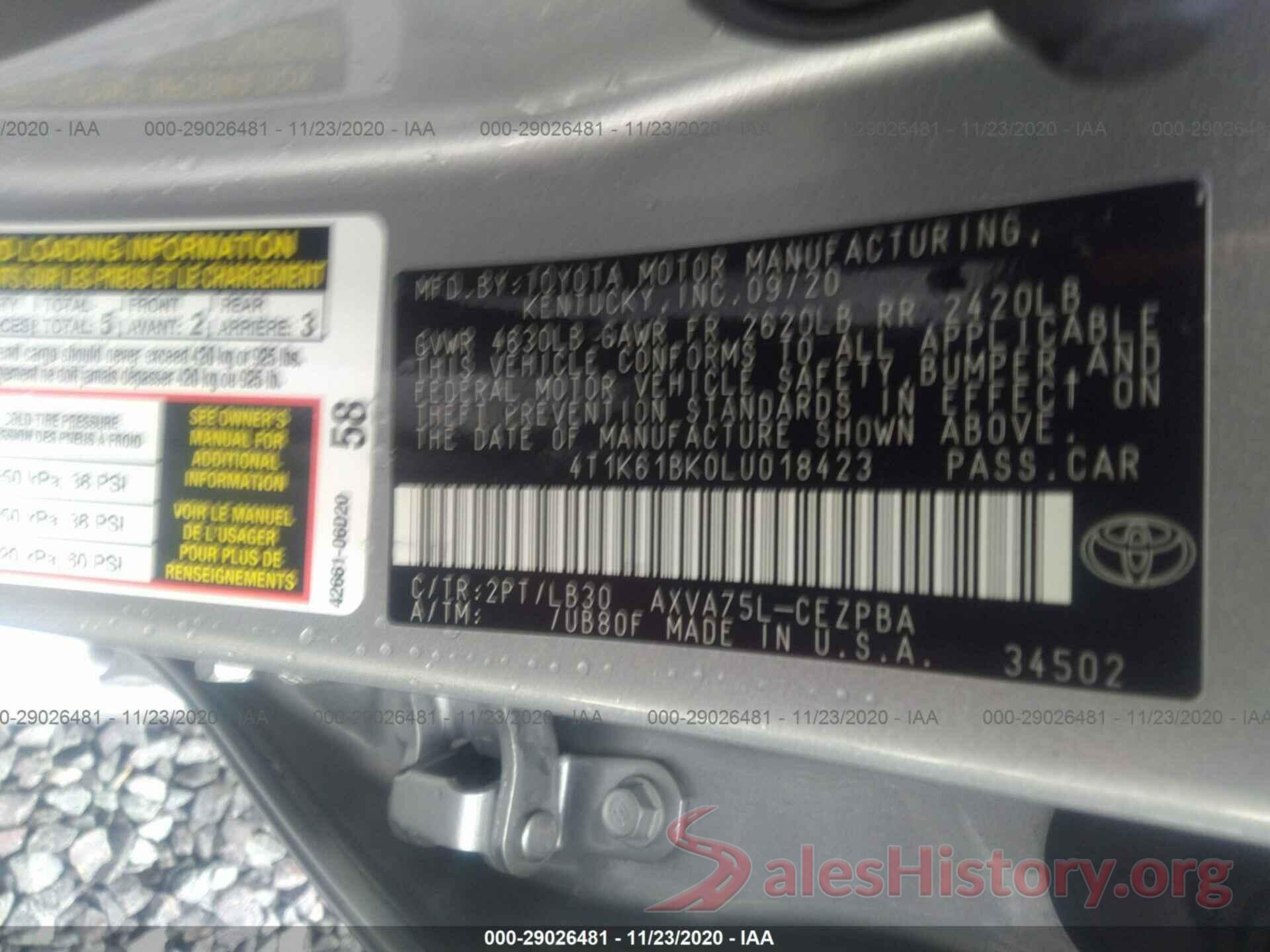 4T1K61BK0LU018423 2020 TOYOTA CAMRY