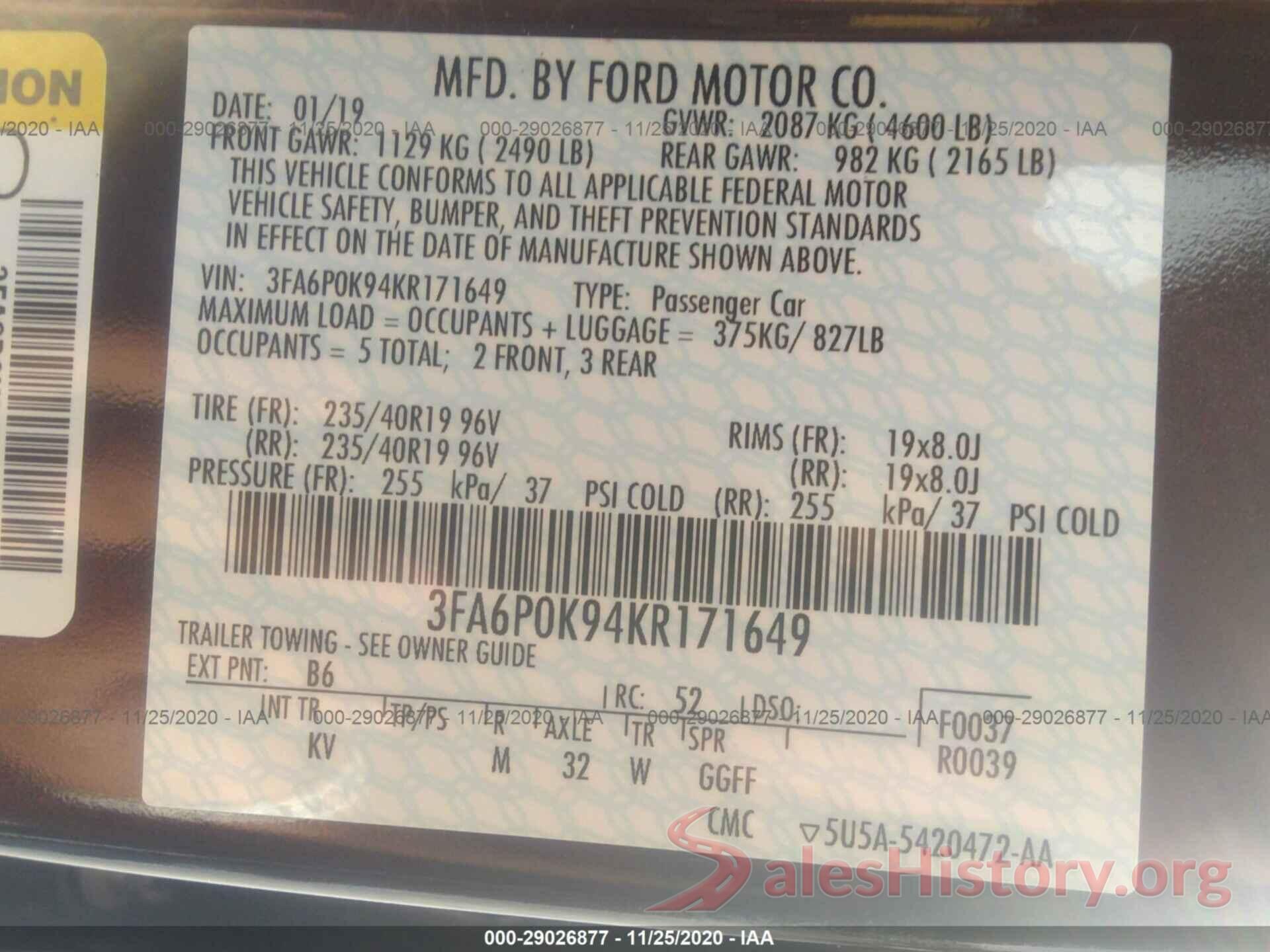 3FA6P0K94KR171649 2019 FORD FUSION