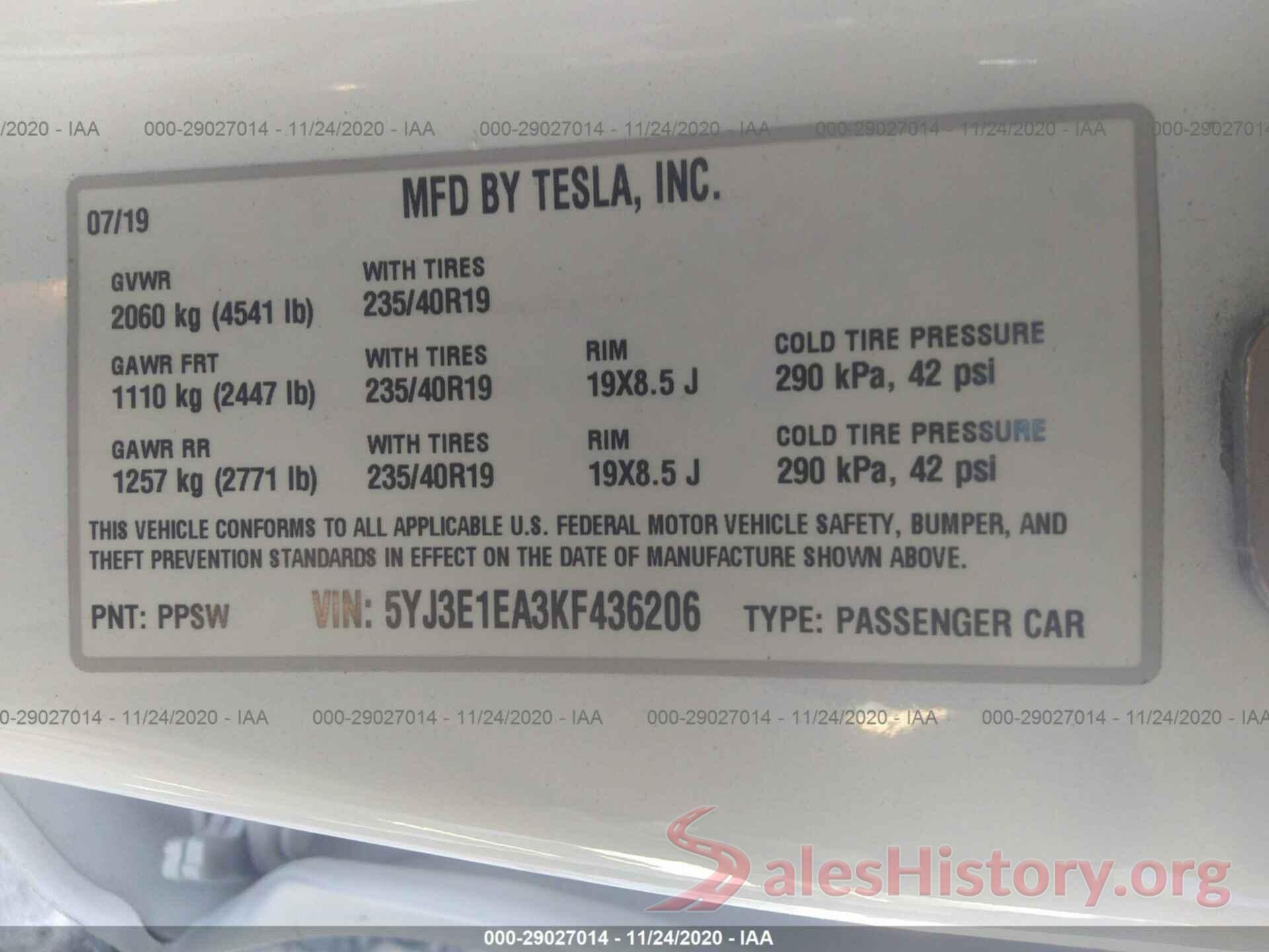 5YJ3E1EA3KF436206 2019 TESLA MODEL 3