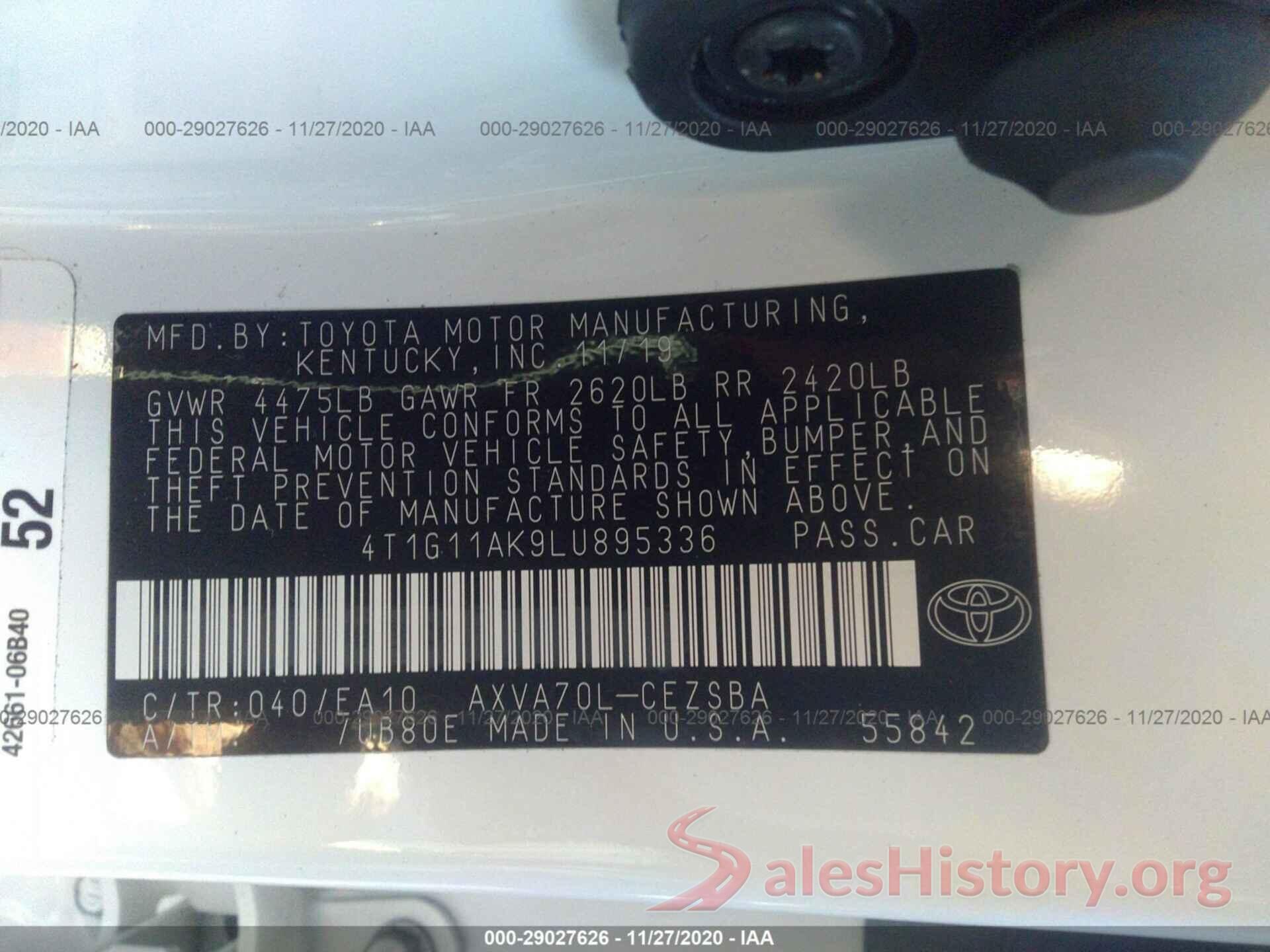 4T1G11AK9LU895336 2020 TOYOTA CAMRY