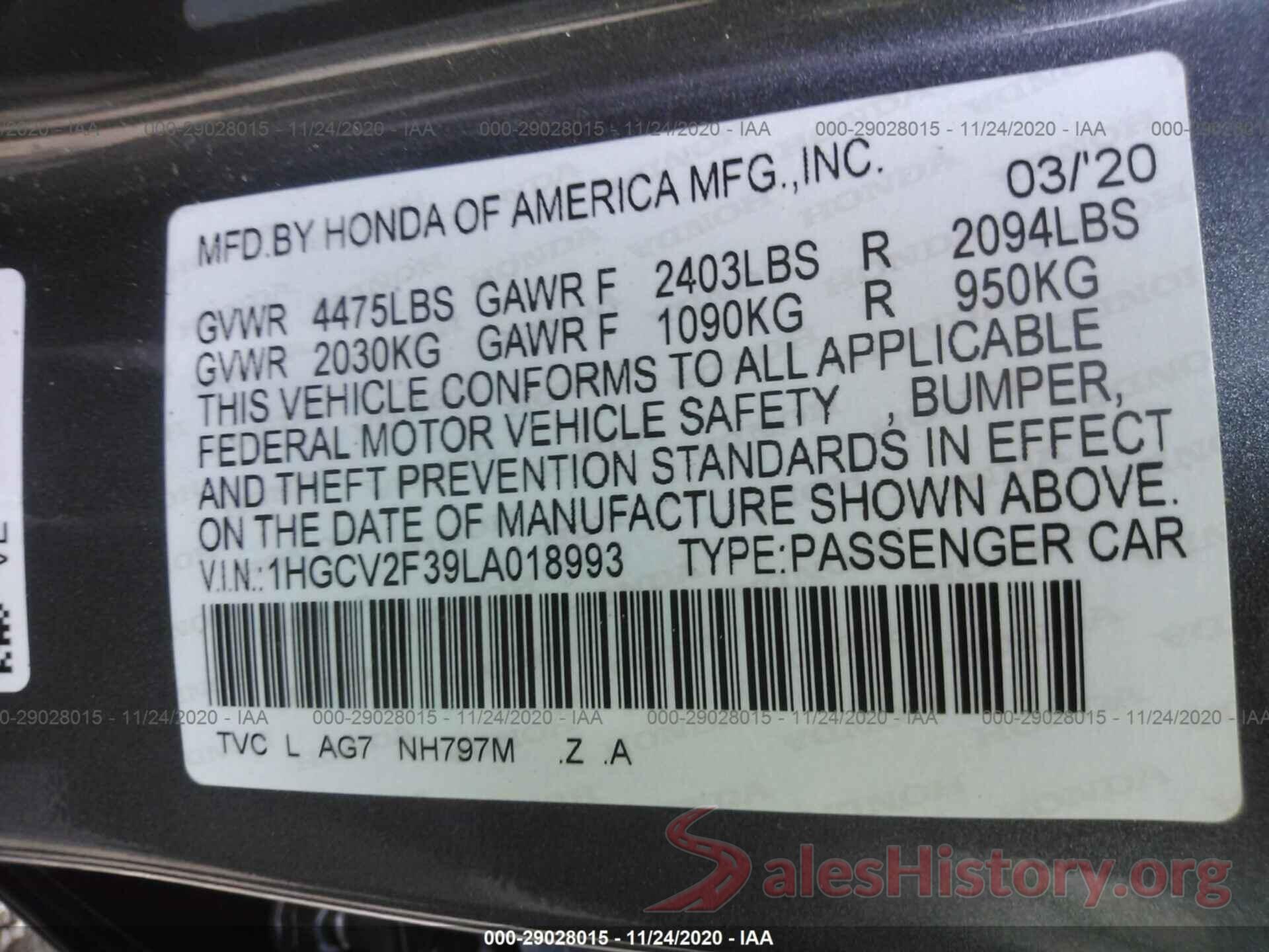 1HGCV2F39LA018993 2020 HONDA ACCORD SEDAN