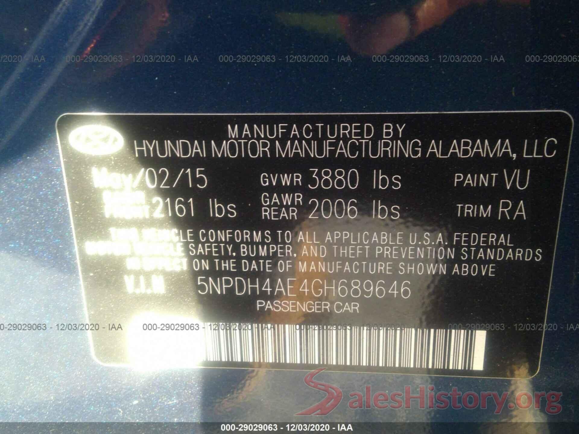 5NPDH4AE4GH689646 2016 HYUNDAI ELANTRA