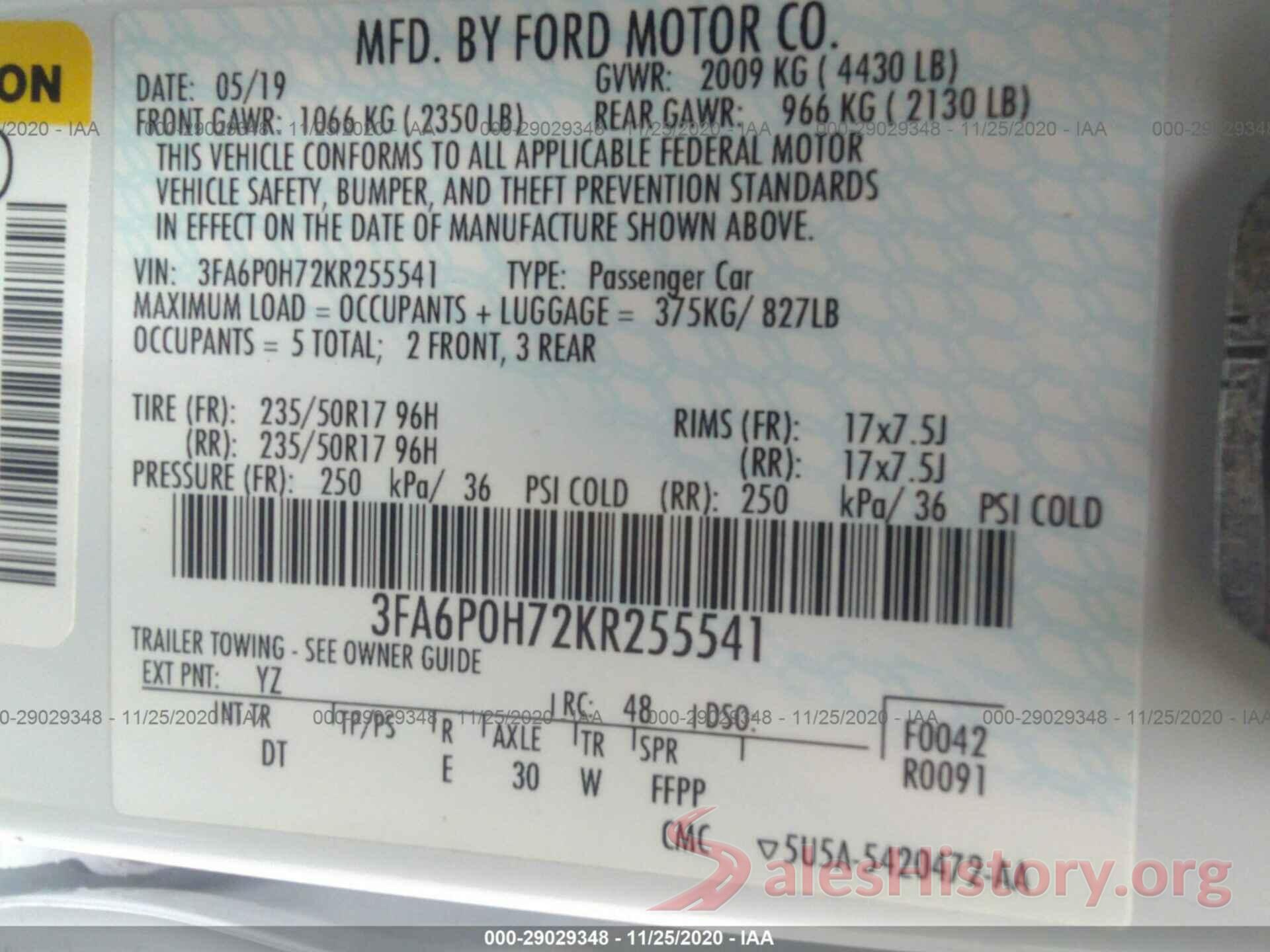 3FA6P0H72KR255541 2019 FORD FUSION