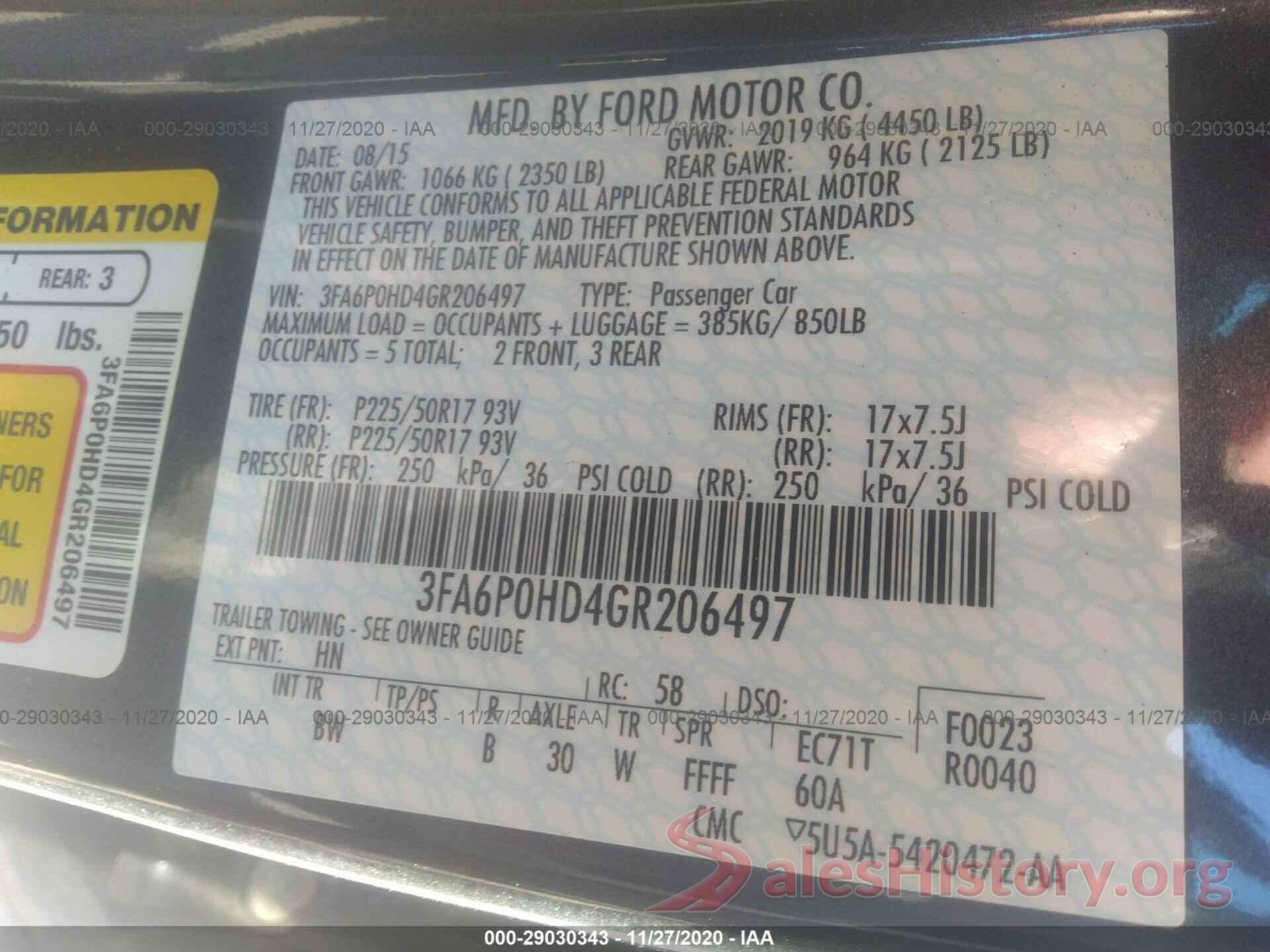 3FA6P0HD4GR206497 2016 FORD FUSION