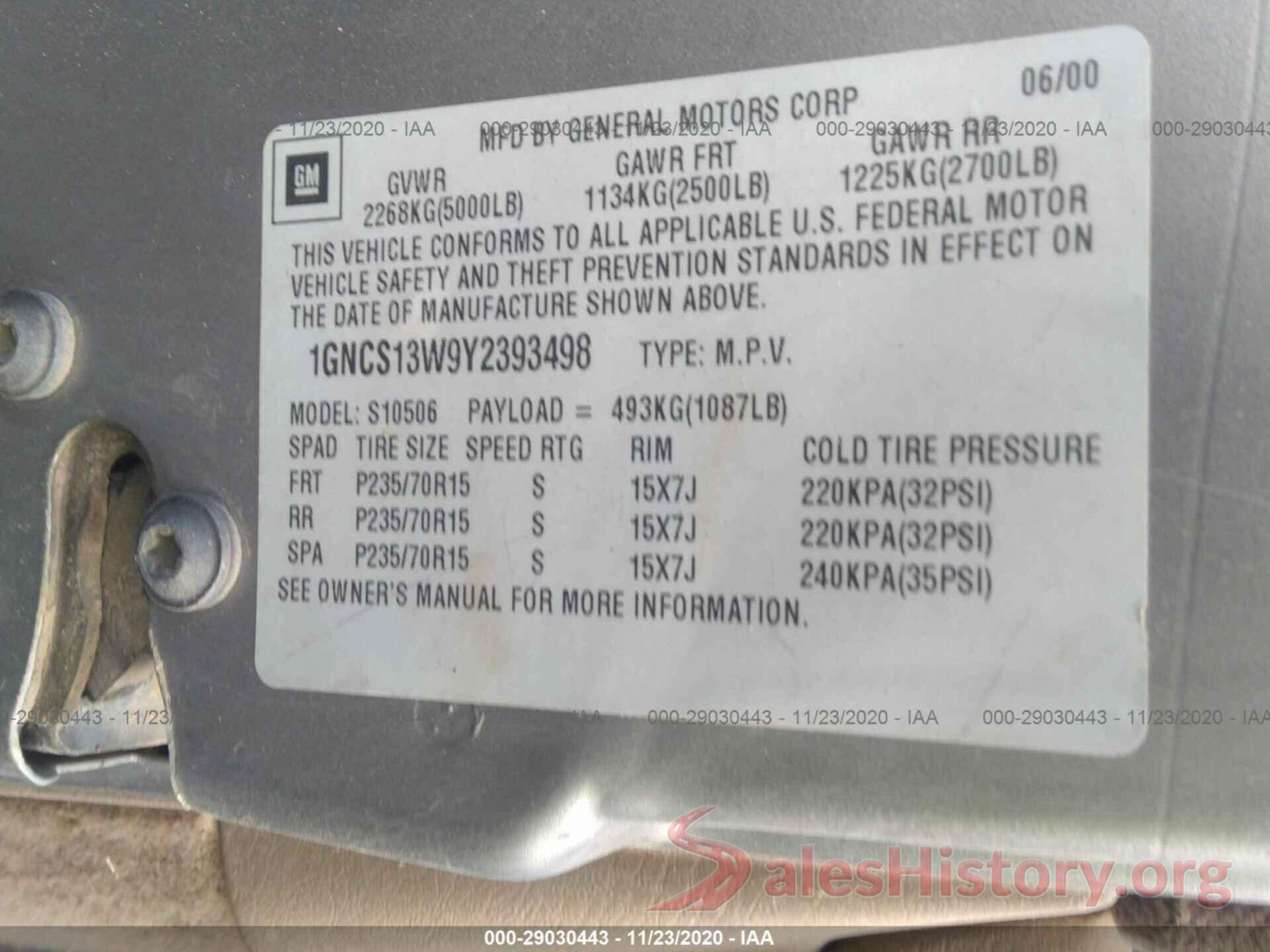 1GNCS13W9Y2393498 2000 CHEVROLET BLAZER