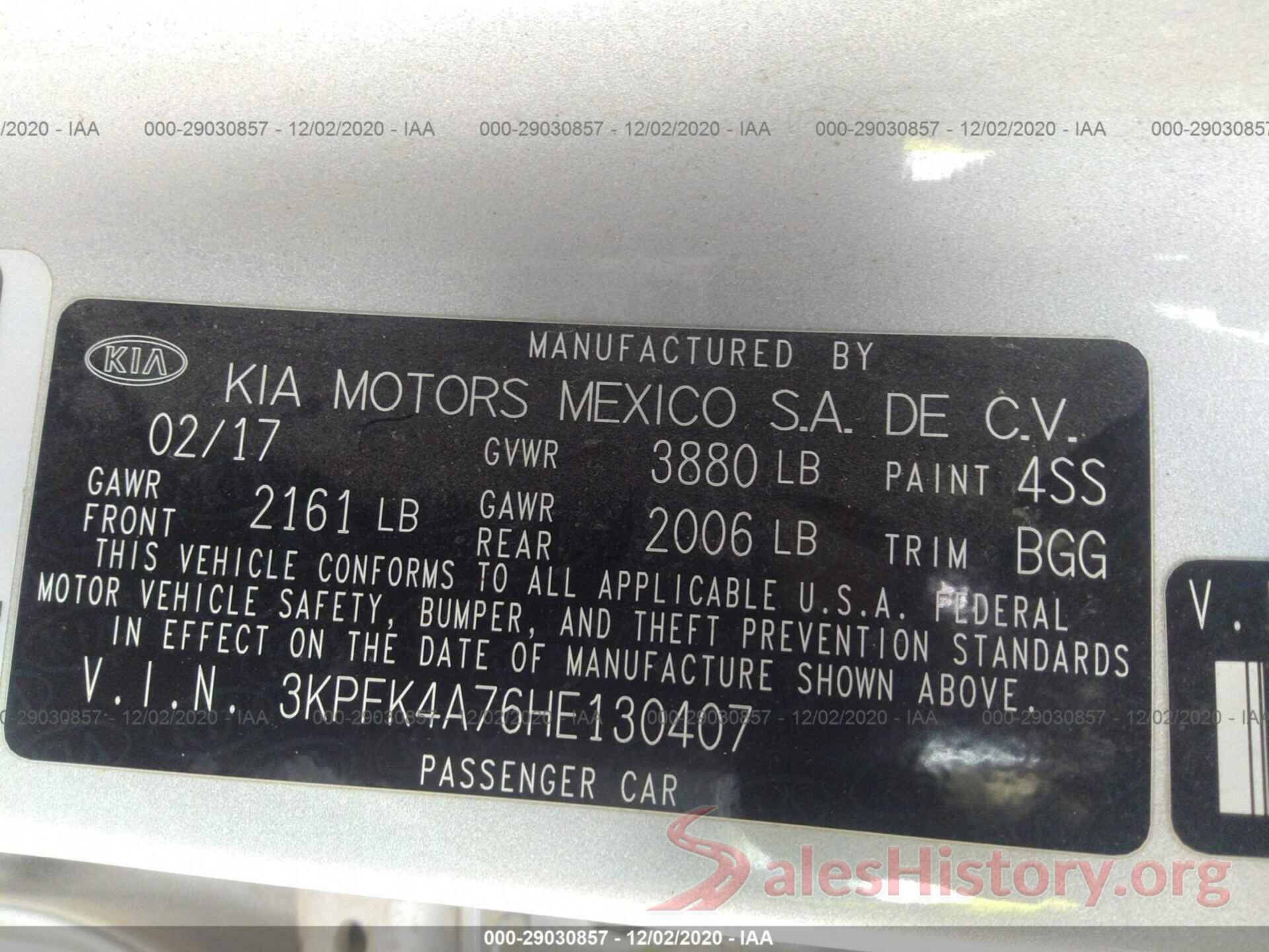 3KPFK4A76HE130407 2017 KIA FORTE