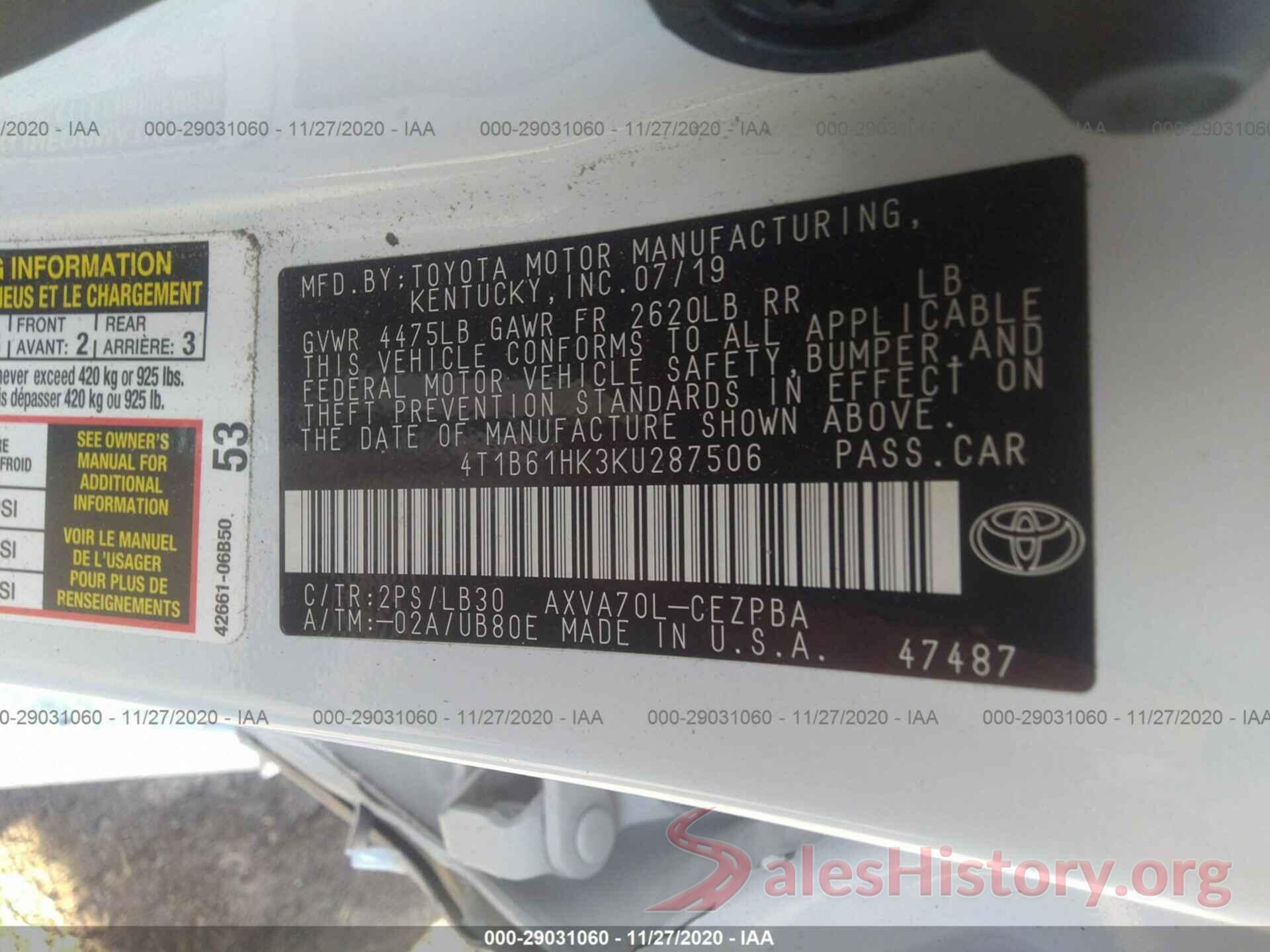 4T1B61HK3KU287506 2019 TOYOTA CAMRY