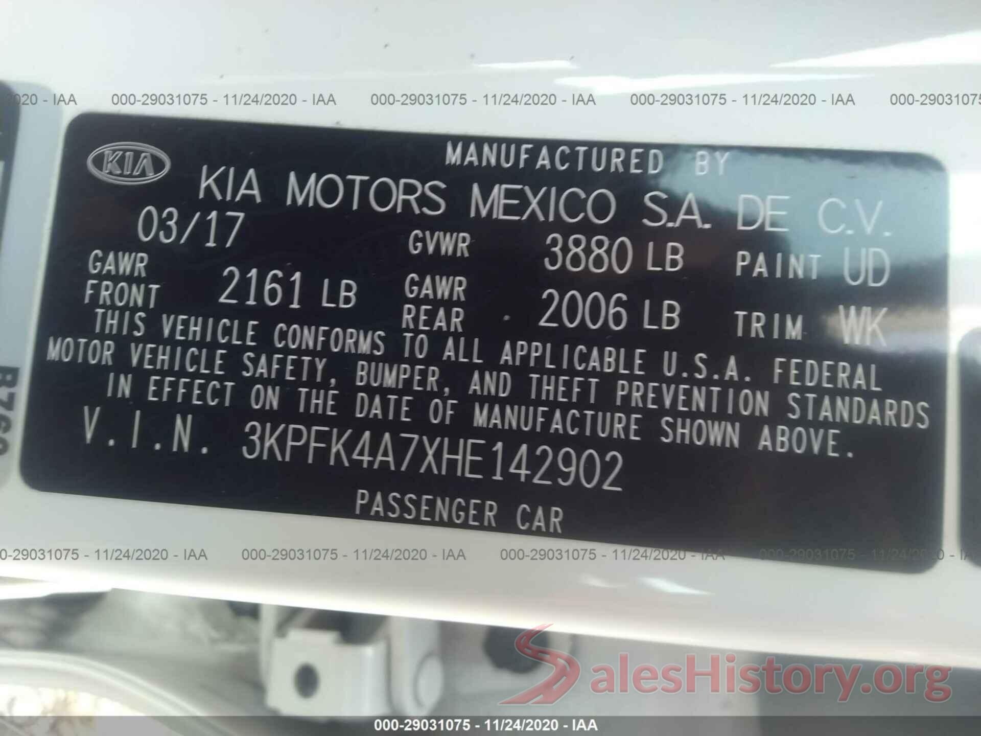 3KPFK4A7XHE142902 2017 KIA FORTE