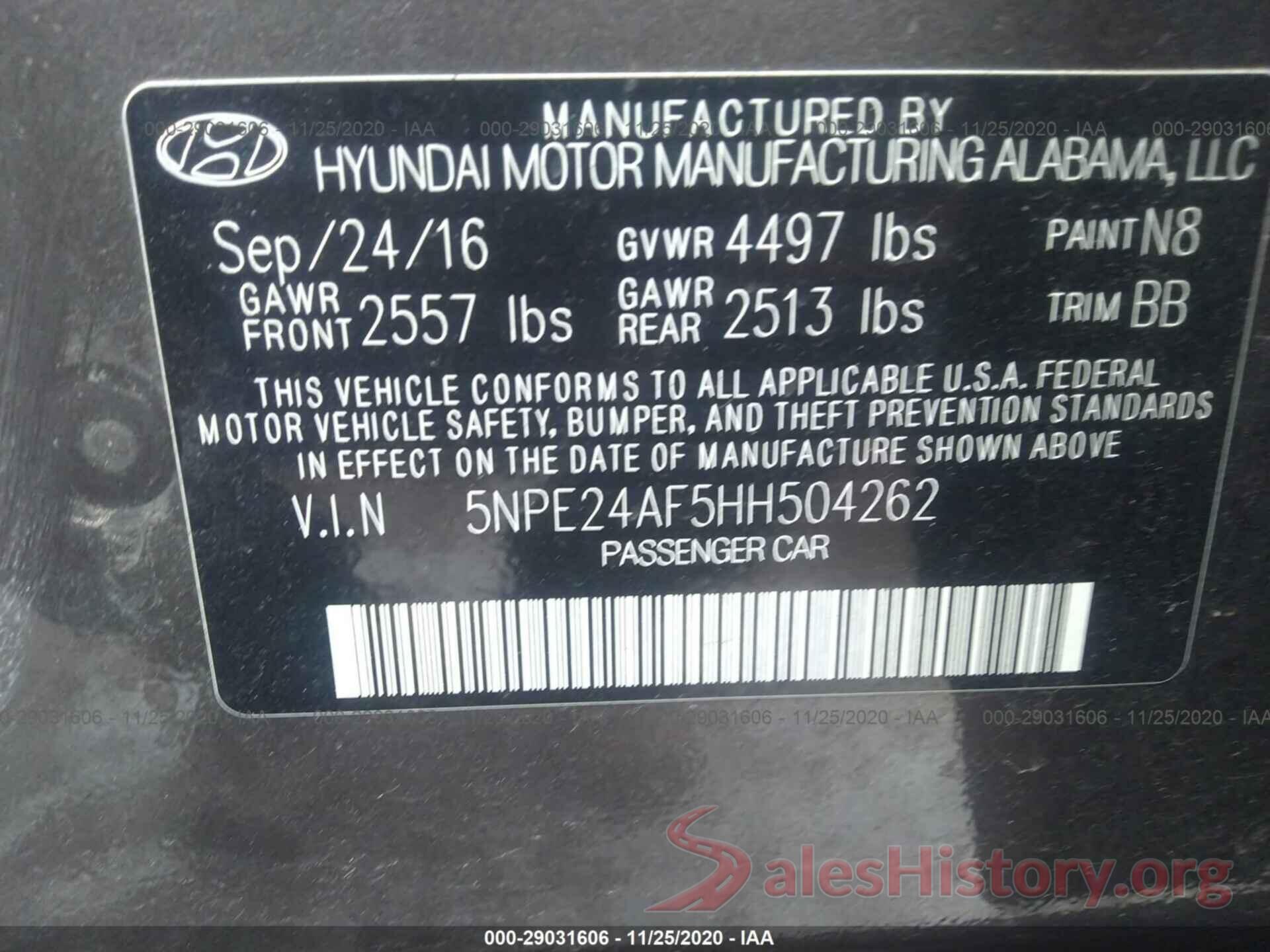 5NPE24AF5HH504262 2017 HYUNDAI SONATA