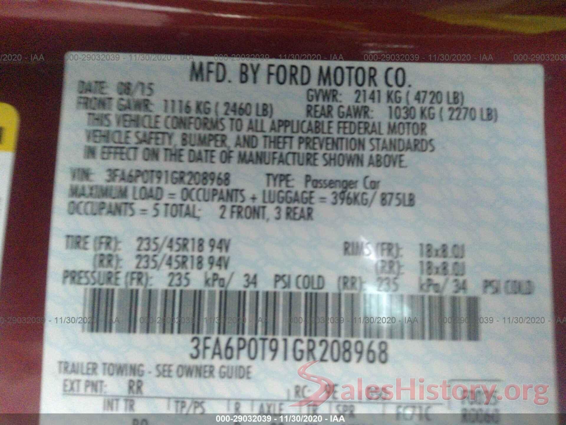 3FA6P0T91GR208968 2016 FORD FUSION