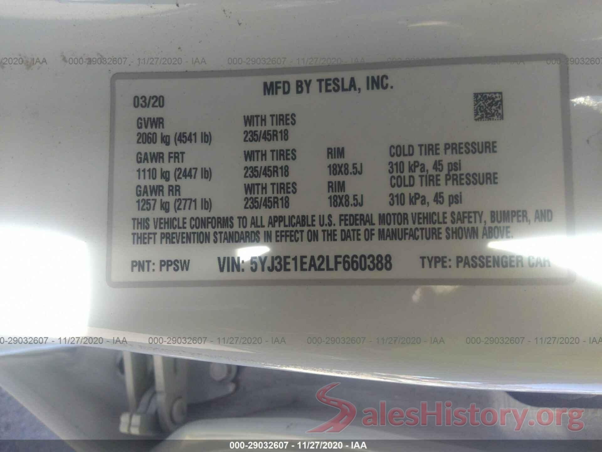 5YJ3E1EA2LF660388 2020 TESLA MODEL 3