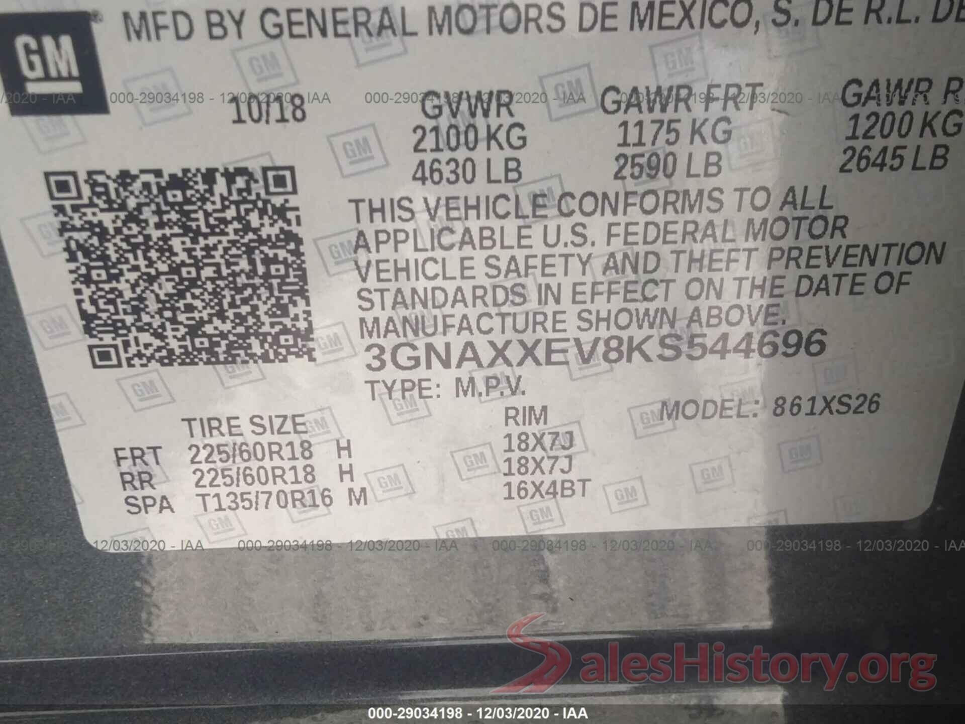 3GNAXXEV8KS544696 2019 CHEVROLET EQUINOX