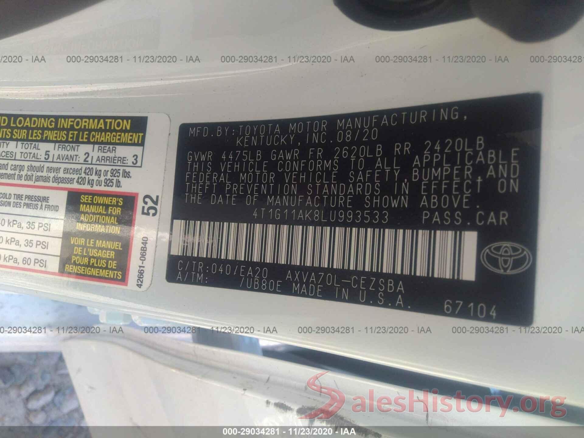 4T1G11AK8LU993533 2020 TOYOTA CAMRY