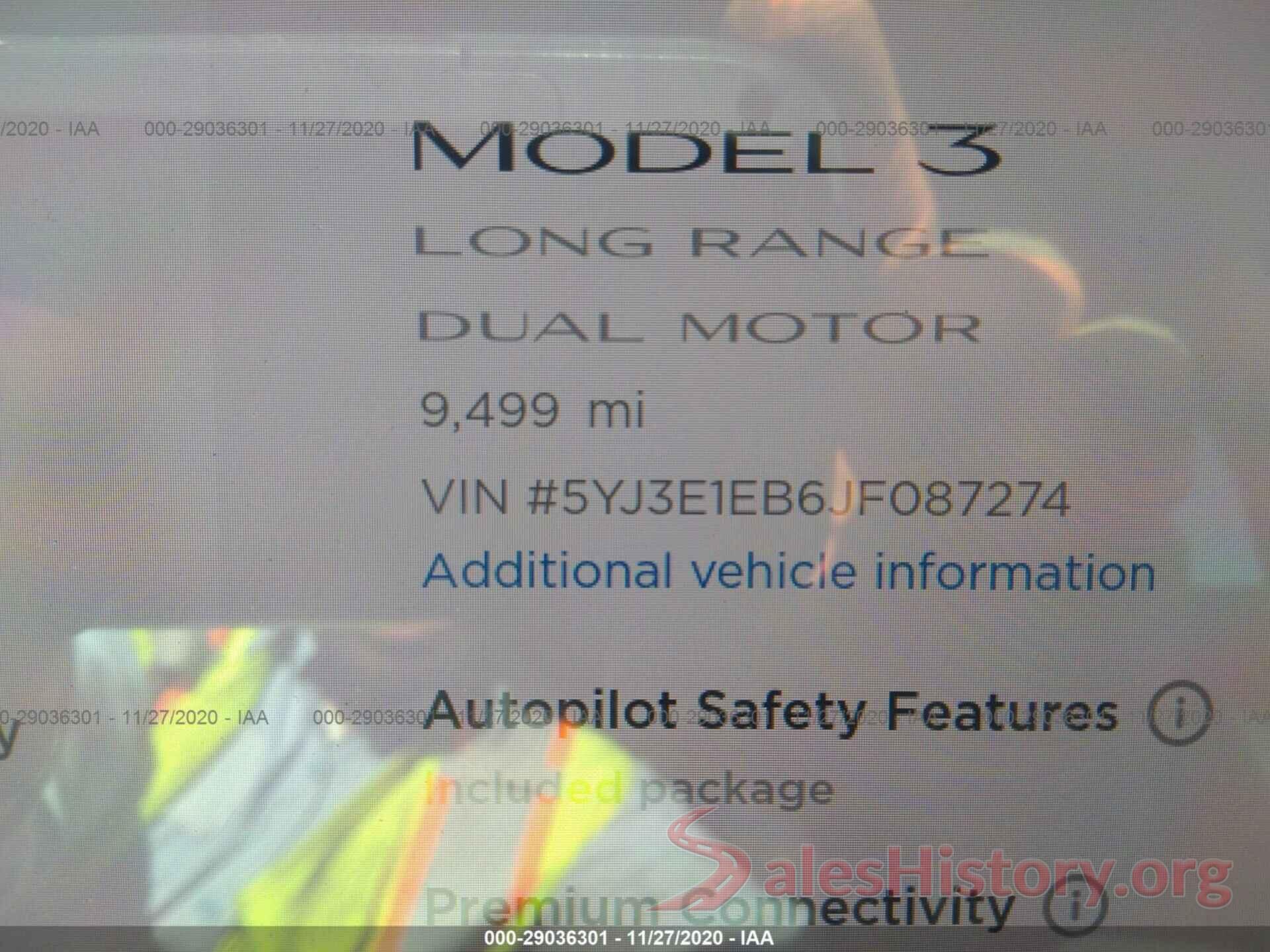 5YJ3E1EB6JF087274 2018 TESLA MODEL 3