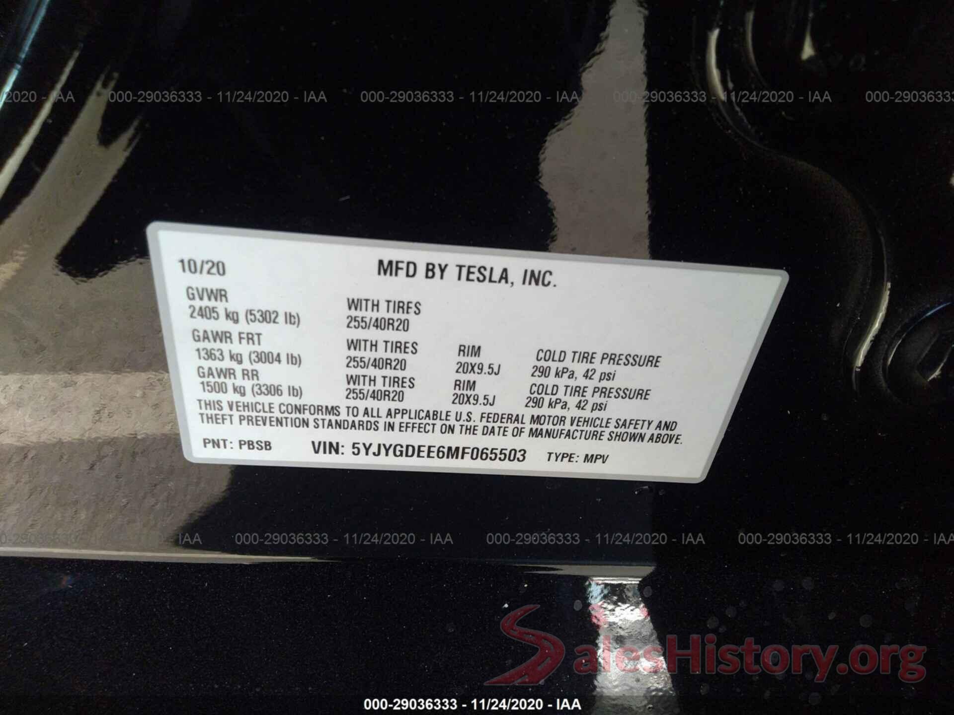 5YJYGDEE6MF065503 2021 TESLA MODEL Y