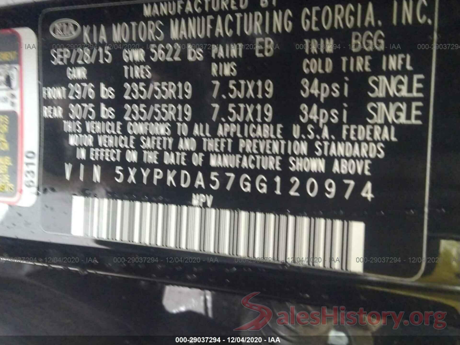 5XYPKDA57GG120974 2016 KIA SORENTO