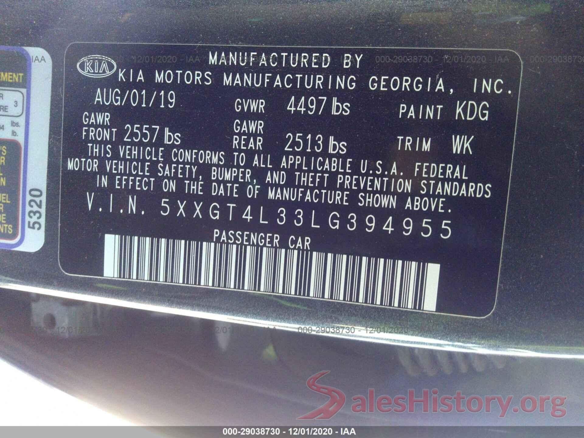 5XXGT4L33LG394955 2020 KIA OPTIMA