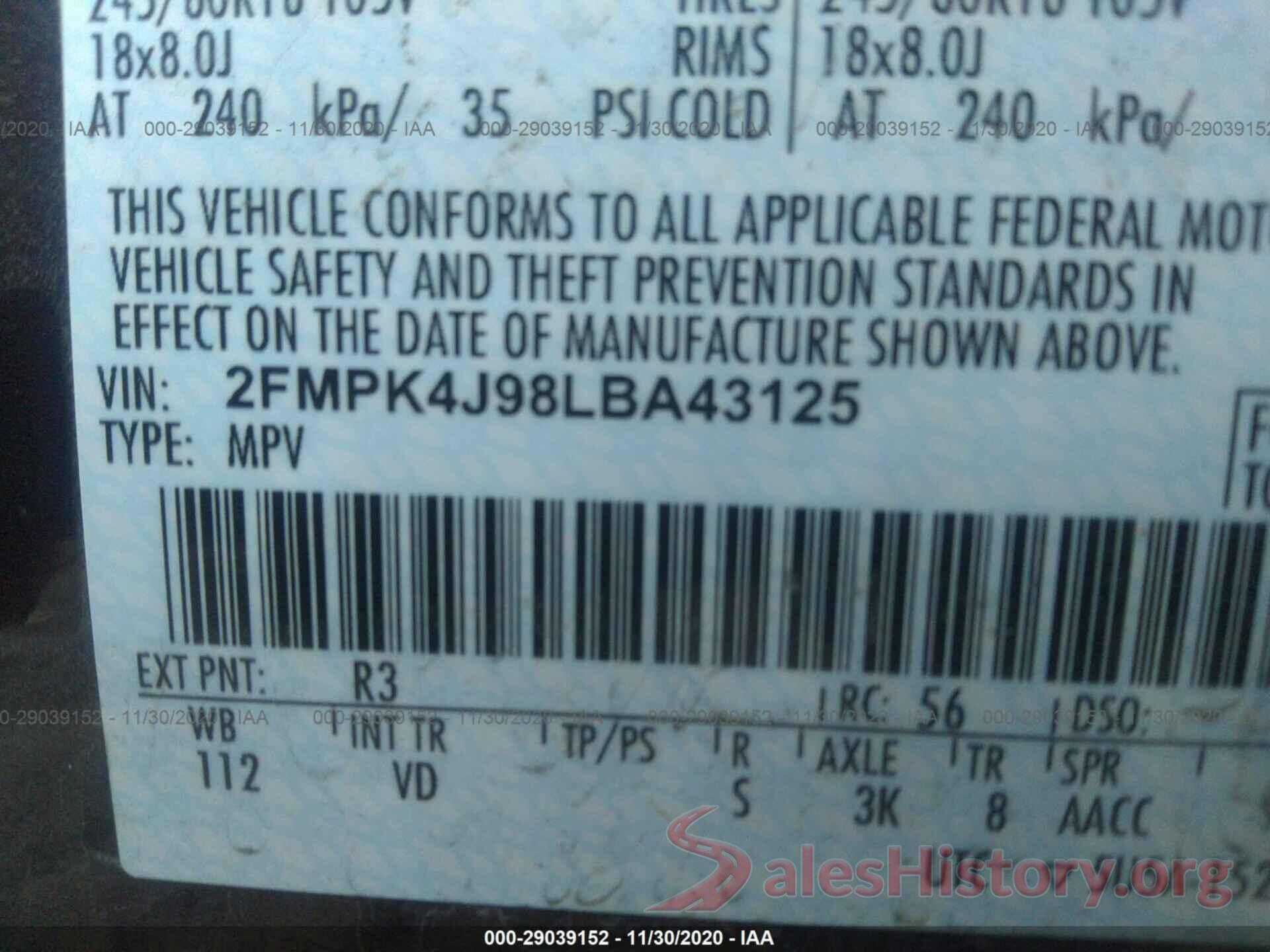 2FMPK4J98LBA43125 2020 FORD EDGE