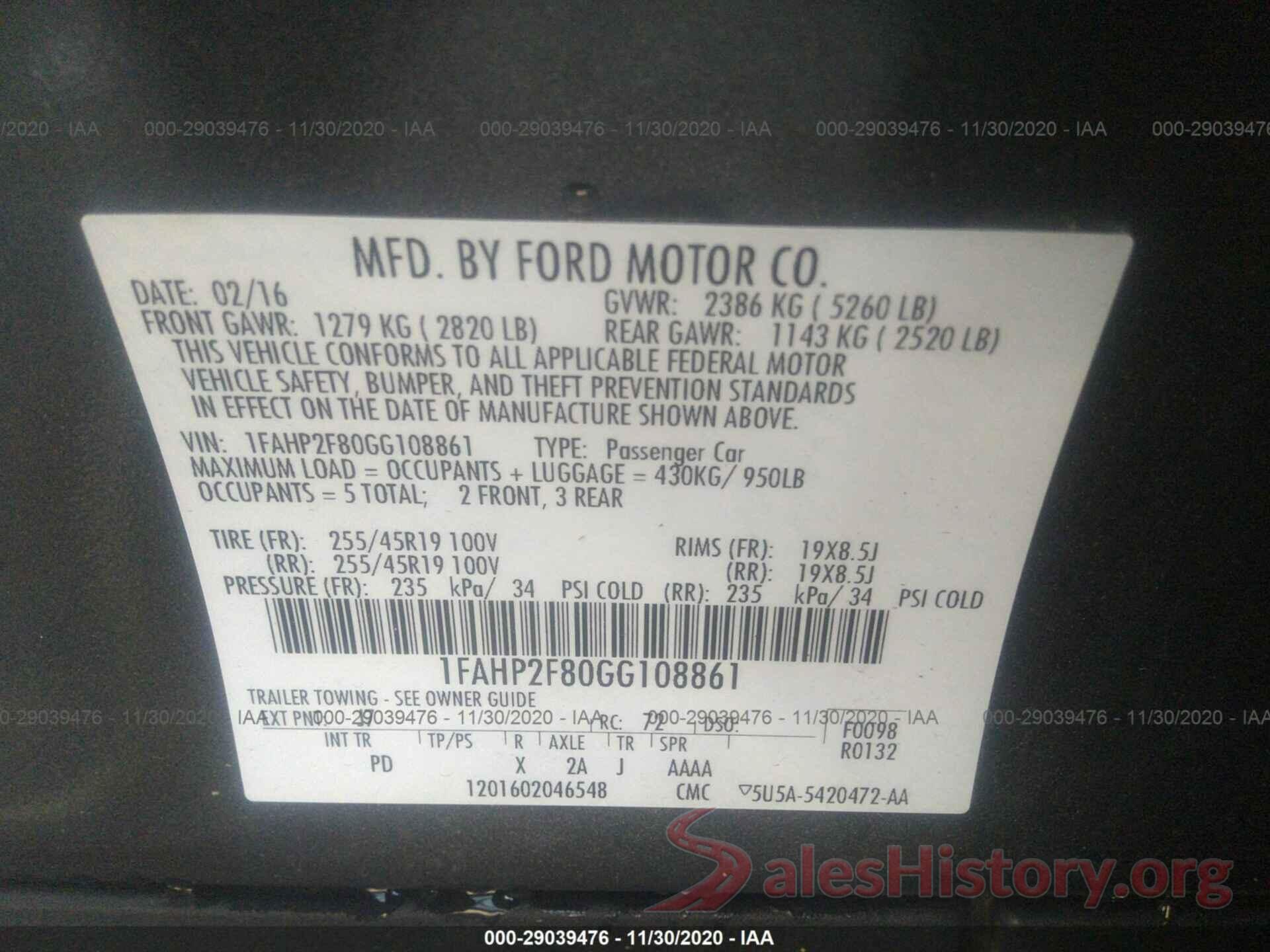 1FAHP2F80GG108861 2016 FORD TAURUS