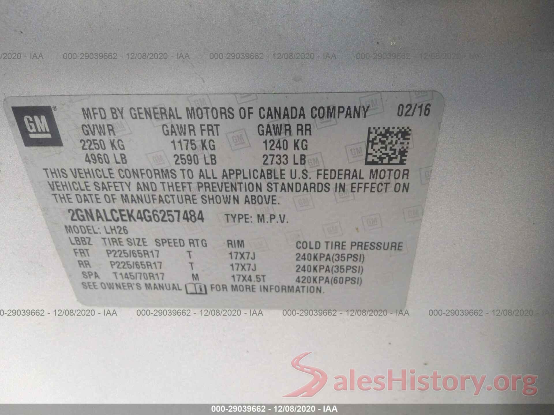 2GNALCEK4G6257484 2016 CHEVROLET EQUINOX