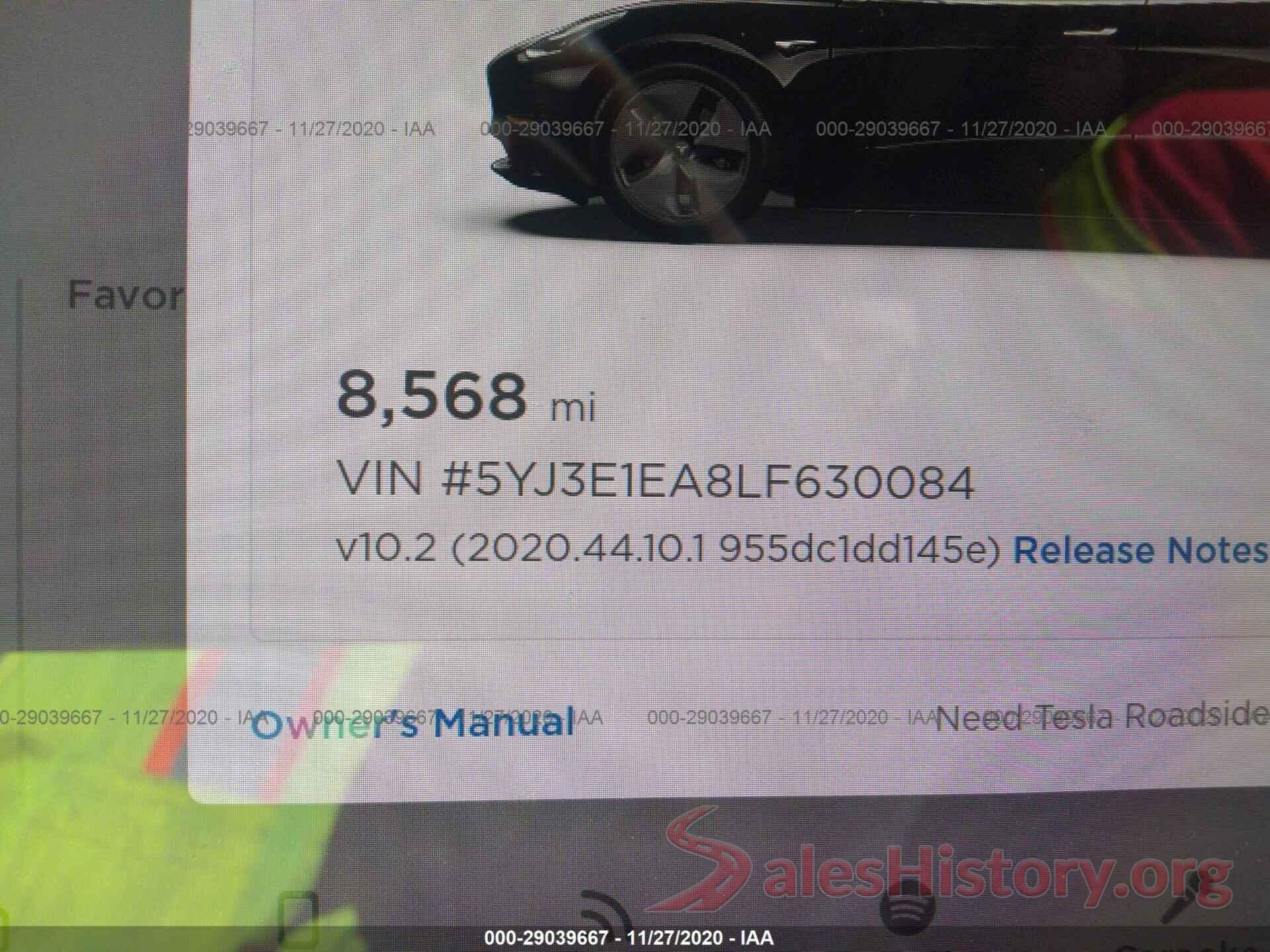 5YJ3E1EA8LF630084 2020 TESLA MODEL 3