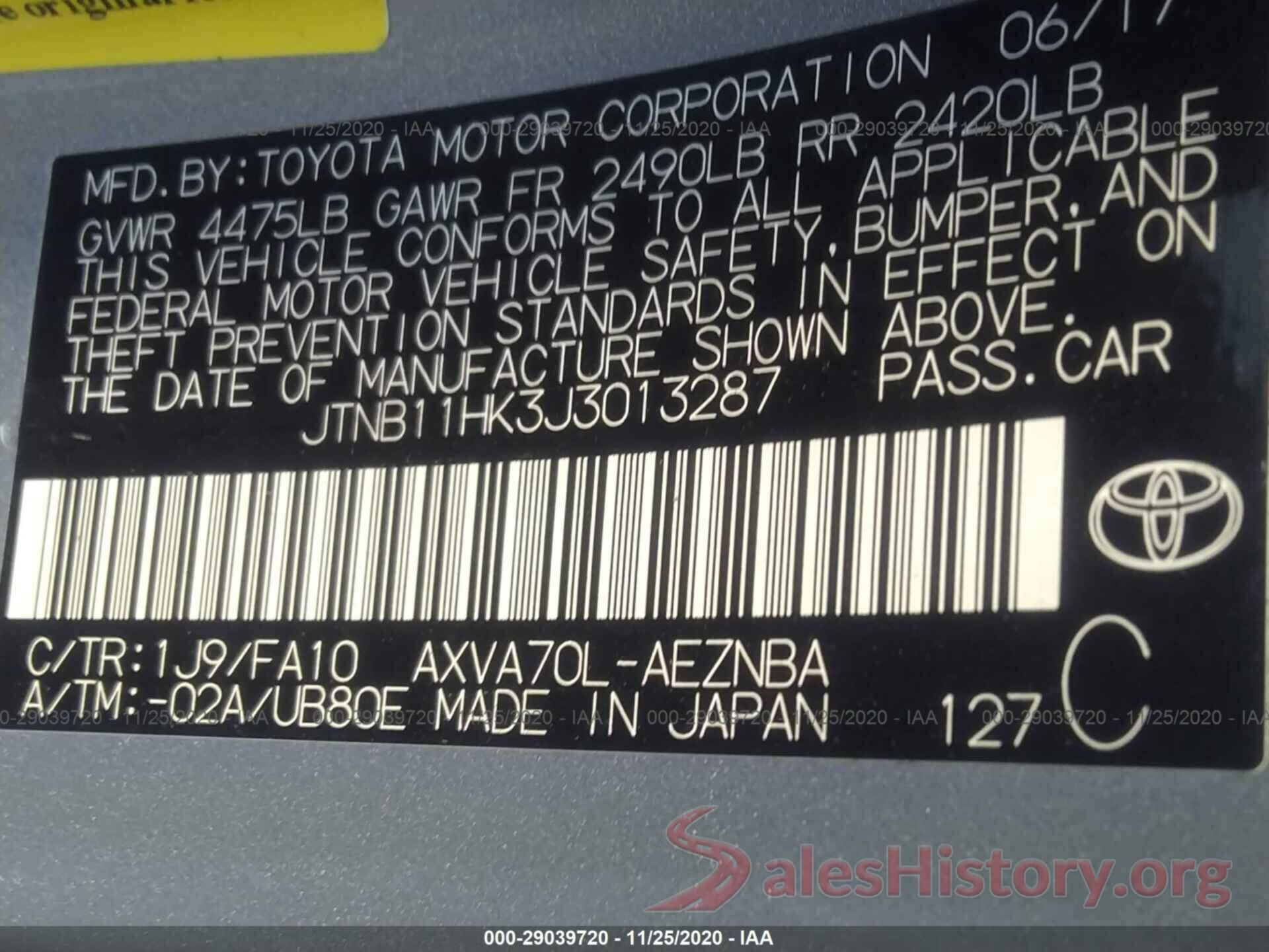 JTNB11HK3J3013287 2018 TOYOTA CAMRY