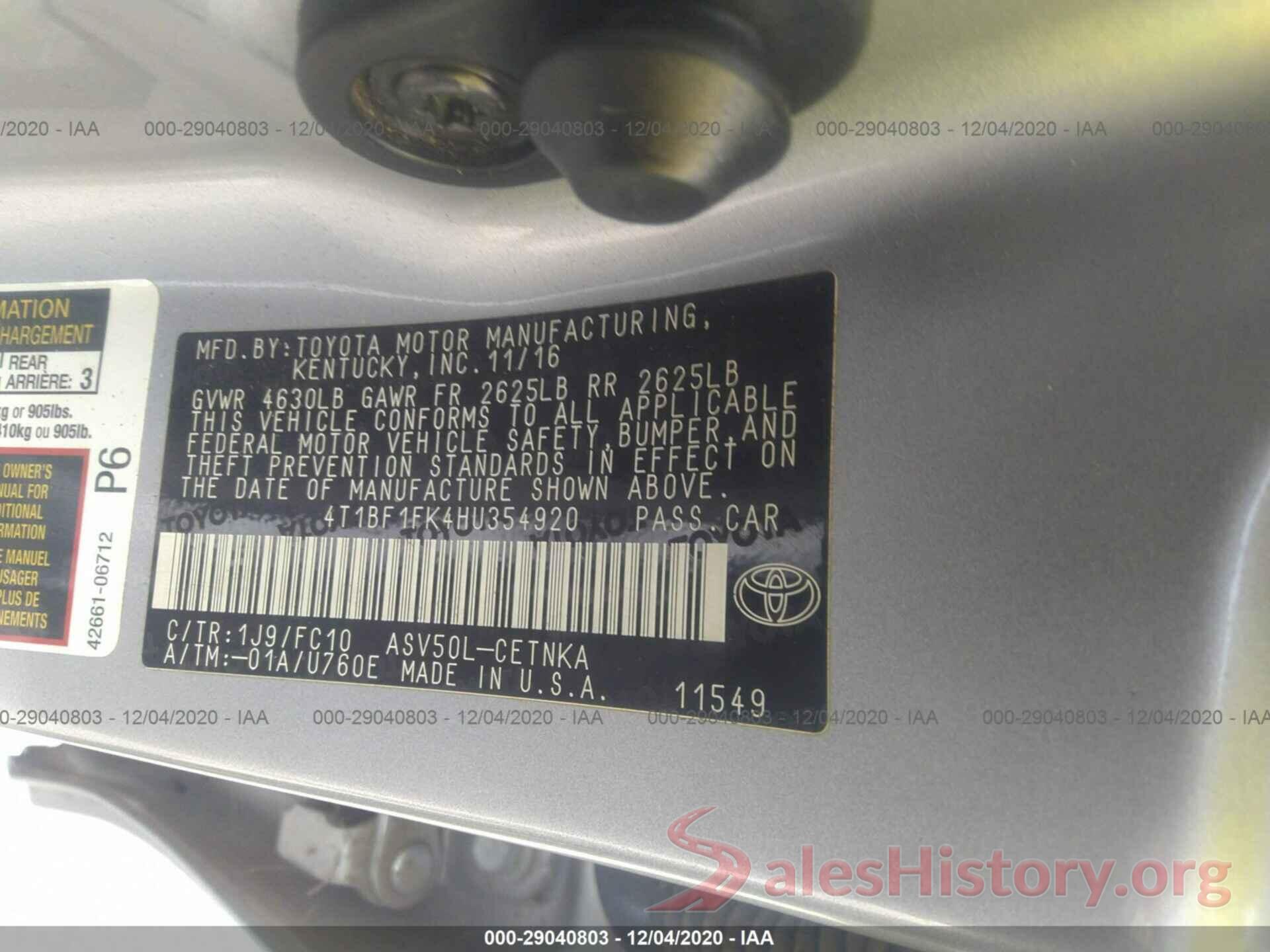 4T1BF1FK4HU354920 2017 TOYOTA CAMRY